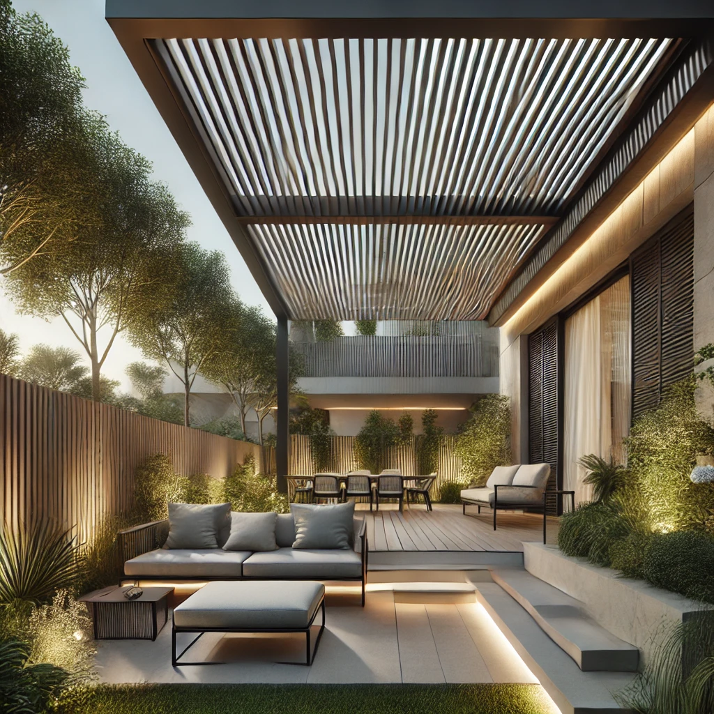 DALL·E 2024 07 12 18.59.14 A sleek and modern backyard with a bioclimatic pergola. The pergola has adjustable louvers that control sunlight and airflow with a sophisticated and Bahçenize modern bir dokunuş katmak ve açık alanlarınızı en iyi şekilde değerlendirmek istiyorsanız, modern pergola tasarımları harika bir seçimdir. Özellikle bioklimatik pergola sistemleri, estetik ve işlevsellik açısından benzersiz avantajlar sunar. Bu yazıda, modern pergola tasarım önerilerini ve bu yapıların kış bahçesi ve tente ile nasıl uyumlu hale getirilebileceğini keşfedeceksiniz.