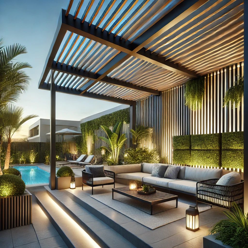 DALL·E 2024 07 12 19.03.39 A stylish backyard with a bioclimatic pergola. The pergola has adjustable louvers that control sunlight and airflow providing a modern and sophistica Bahçenizde estetik ve işlevselliği bir araya getirmenin en iyi yollarından biri pergola sistemleridir. Bu yapılar, hem yaz hem de kış aylarında bahçenizin keyfini çıkarmanızı sağlar. Pergola, kış bahçesi, tente, bioklimatik sistemler, teras kapama ve veranda gibi çözümlerle bahçenizi güzelleştirebilirsiniz. Bu yazıda, bu yapıları nasıl en iyi şekilde kullanabileceğinizi ve modern pergola tasarımları ile bahçenizi nasıl dönüştürebileceğinizi anlatacağız.