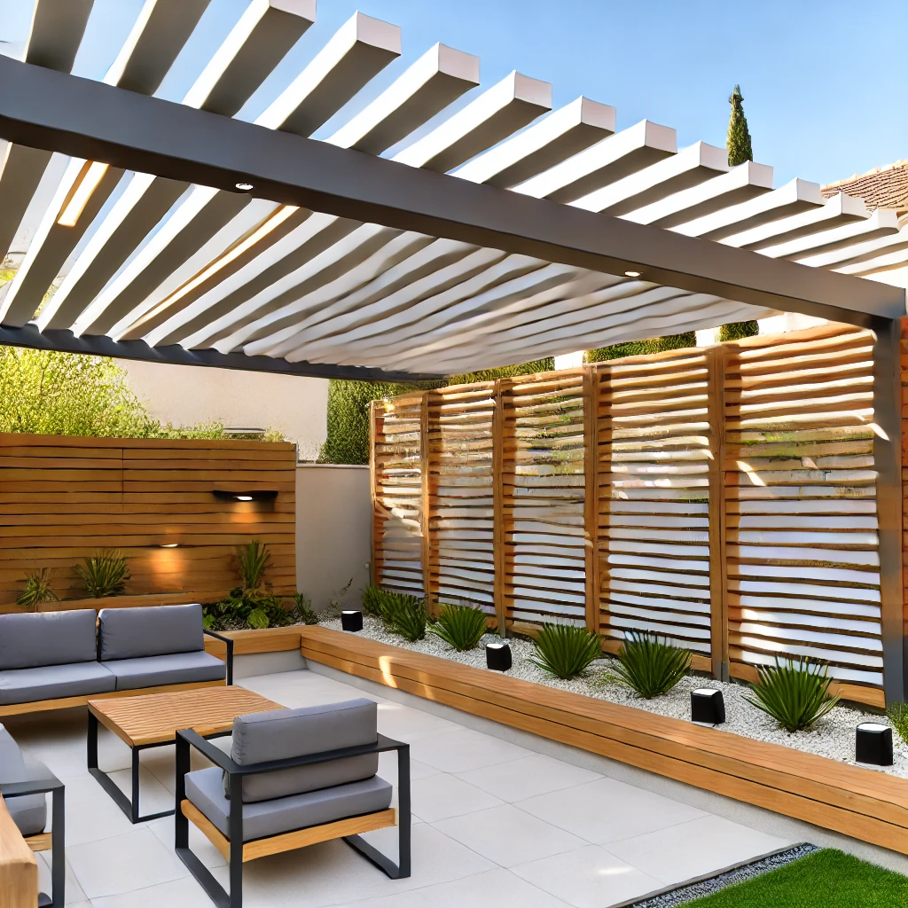 DALL·E 2024 07 12 19.09.11 A modern backyard with a bioclimatic pergola. The pergola features adjustable louvers that control sunlight and airflow. The design is sleek with alum Bahçenizi güzelleştirmek ve dış mekanınızı daha işlevsel hale getirmek için pergola sistemleri harika bir seçenektir. Ancak, pergola seçiminde malzeme konusu önemli bir rol oynar. Ahşap pergola mı yoksa alüminyum pergola mı daha iyi? Bu yazıda, ahşap ve alüminyum pergolaların avantajlarını ve dezavantajlarını inceleyerek, sizin için en uygun seçeneği belirlemenize yardımcı olacağız.