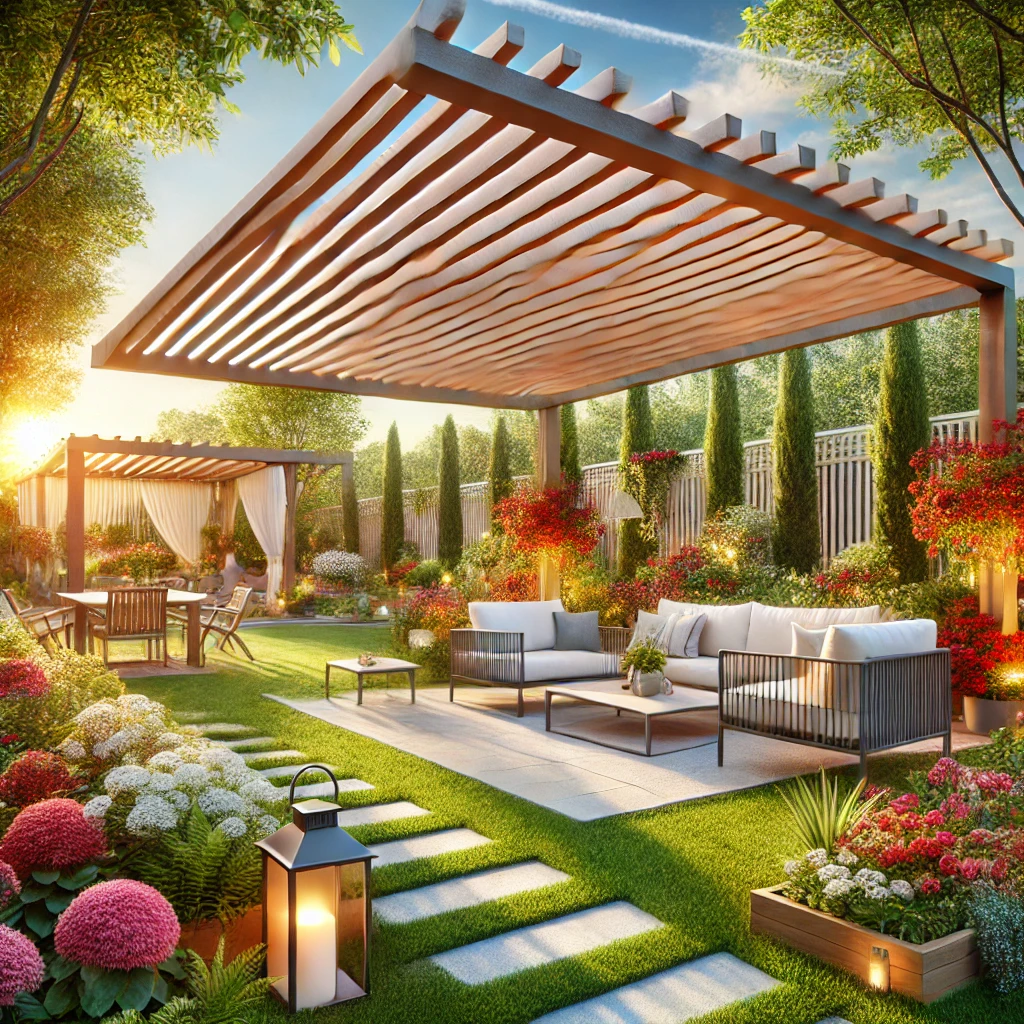 DALL·E 2024 07 12 19.22.37 A beautiful summer garden with a bioclimatic pergola providing shade and comfort. The pergola features adjustable louvers to control sunlight and airf Yaz aylarında bahçenizi pergola ile korumak, dış mekanınızı hem estetik hem de işlevsel hale getirir. Pergola, kış bahçesi, tente, bioklimatik sistemler, teras kapama ve veranda gibi çözümlerle yaz bahçenizi en iyi şekilde kullanabilirsiniz. Bu yazıda, yaz bahçenizi pergola ile nasıl koruyabileceğinizi ve en iyi uygulamaları keşfedeceksiniz.