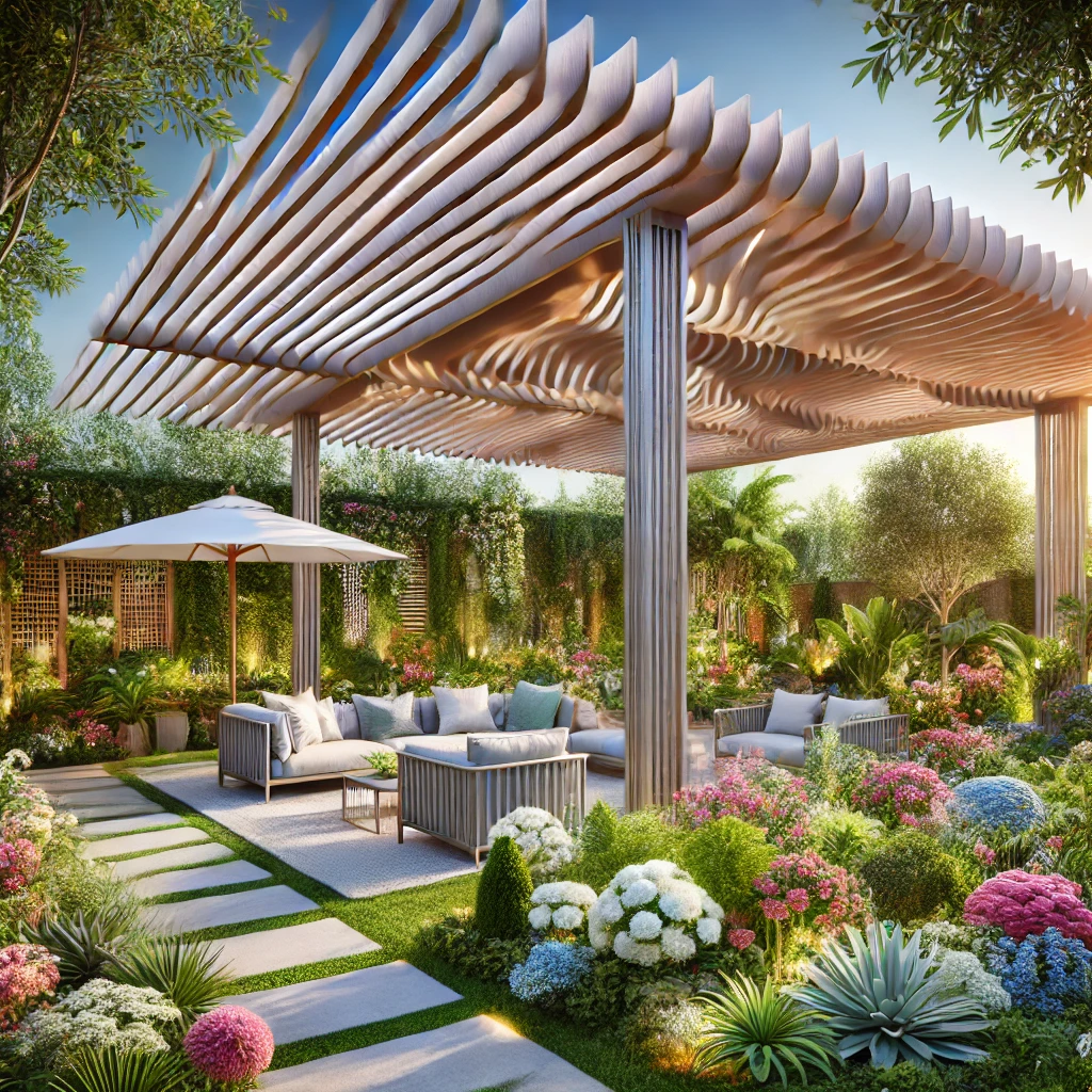 DALL·E 2024 07 12 19.54.25 A beautiful garden with a bioclimatic pergola providing shade. The pergola features adjustable louvers to control sunlight and airflow. The garden inc Pergolalar, bahçenizde ve dış mekanlarınızda gölgelik alanlar yaratmak için mükemmel bir çözümdür. Pergola, kış bahçesi, tente, bioklimatik sistemler, teras kapama ve veranda gibi çeşitli çözümlerle, yaz aylarında serin ve rahat bir ortam sağlayabilirsiniz. Bu yazıda, pergola ile gölgelik alanlar yaratmanın yollarını ve bu yapıları en iyi şekilde kullanmanın ipuçlarını keşfedeceğiz.