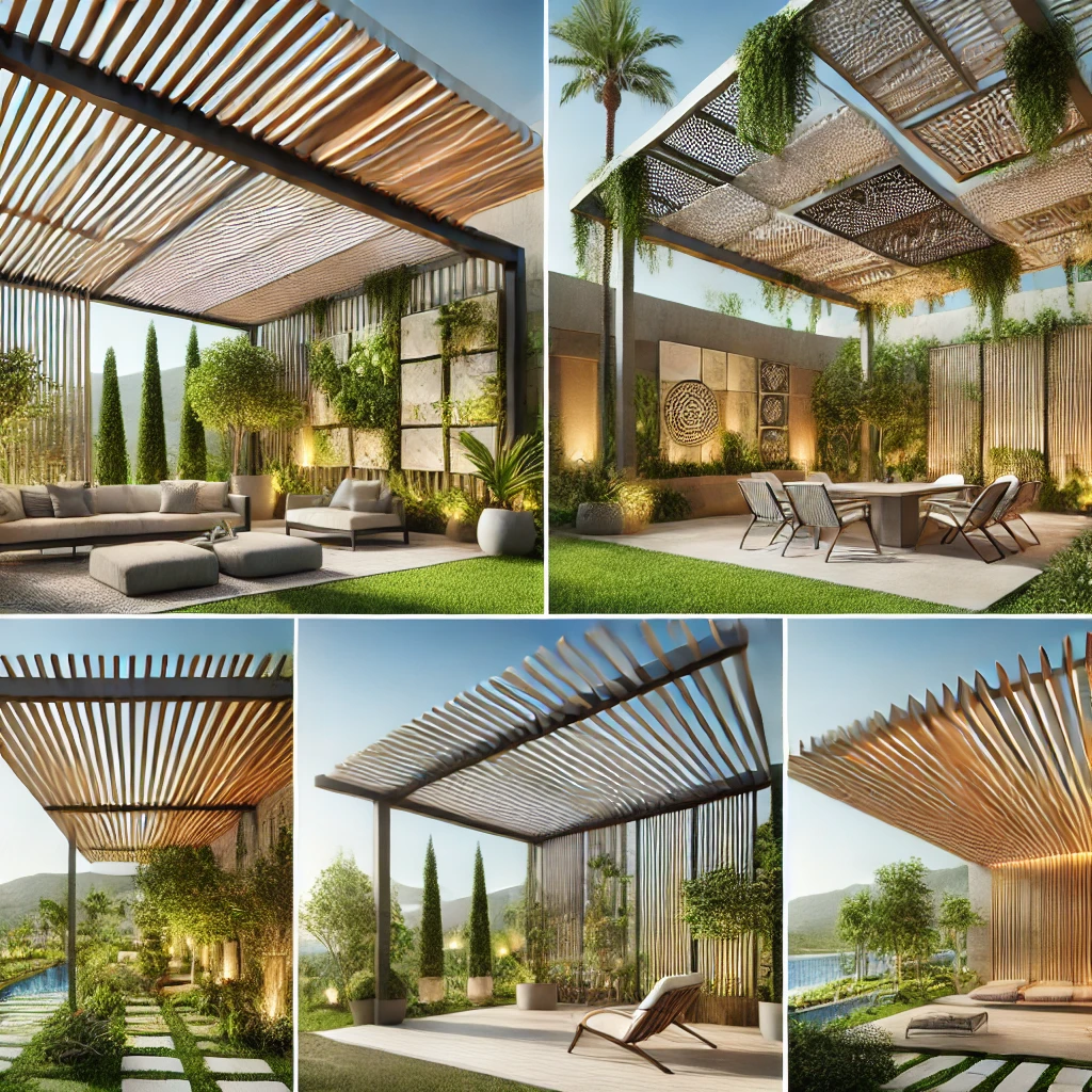 DALL·E 2024 07 12 19.56.12 A variety of bioclimatic pergola designs in a modern garden. The pergolas feature adjustable louvers to control sunlight and airflow. The garden inclu Bahçenize veya terasınıza pergola eklemek, dış mekan alanınızı hem estetik hem de işlevsel hale getirebilir. Ancak, ideal pergola seçiminde dikkat etmeniz gereken birçok faktör vardır. Pergola, kış bahçesi, tente, bioklimatik sistemler, teras kapama ve veranda gibi seçenekler arasında doğru tercihi yapmak için bu rehberi kullanabilirsiniz.