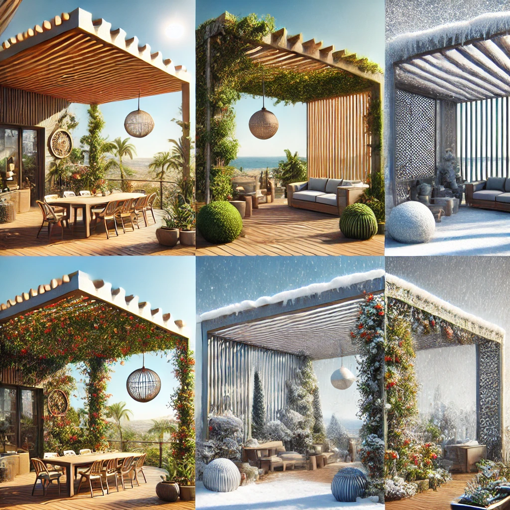 DALL·E 2024 07 12 19.58.28 A variety of bioclimatic pergola designs in different climates. The pergolas feature adjustable louvers to control sunlight and airflow. The settings Pergolalar, bahçenize estetik bir dokunuş katarken aynı zamanda işlevsellik de sağlar. Farklı iklimlerde pergola kullanımı, doğru seçim ve uygulamalarla hem yaz hem de kış aylarında dış mekan alanlarınızı kullanışlı hale getirebilir. Bu yazıda, farklı iklimlerde pergola kullanımının inceliklerini ve en iyi uygulamaları keşfedeceksiniz.