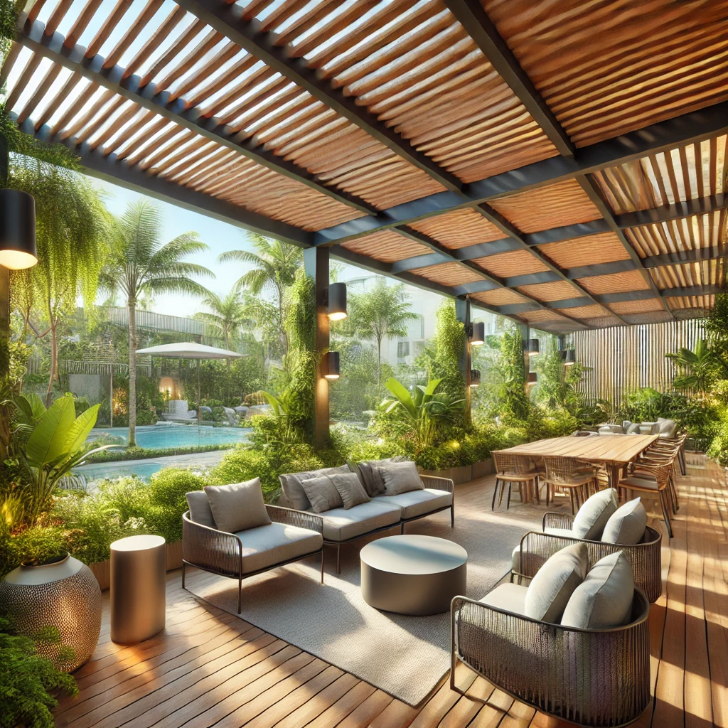 DALL·E 2024 07 12 20.01.45 A beautiful outdoor space with a bioclimatic pergola providing comfort and shade. The pergola has adjustable louvers to control sunlight and airflow. Açık alanlarda konfor sağlamak, hem estetik hem de işlevsellik açısından önemli bir gereksinimdir. Pergolalar, kış bahçesi, tente, bioklimatik sistemler, teras kapama ve veranda gibi çözümlerle açık alanlarınızı daha konforlu hale getirebilirsiniz. Bu yazıda, pergola ile açık alanlarda konfor sağlama yollarını ve en iyi uygulamaları keşfedeceksiniz.