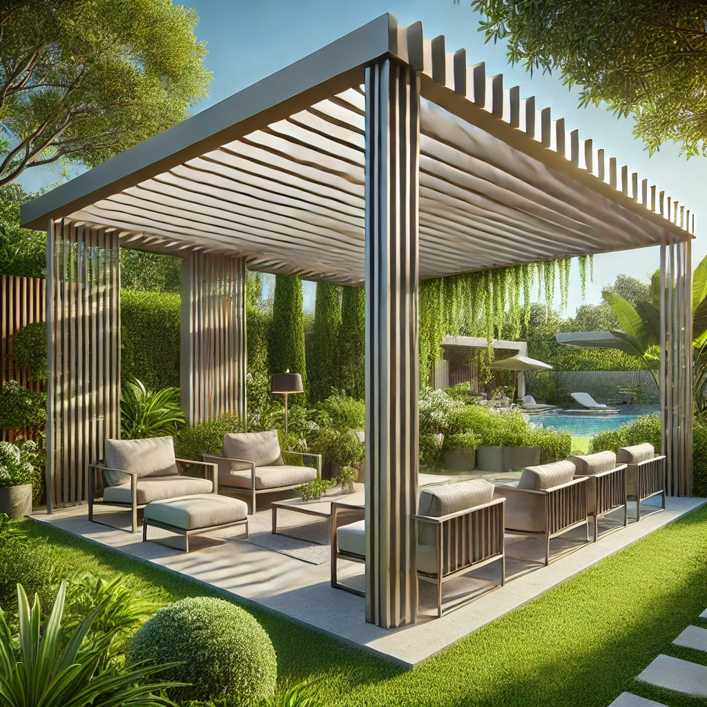 DALL·E 2024 07 12 20.04.35 A beautiful garden with a stylish bioclimatic pergola featuring adjustable louvers for shade and light control. The pergola is made of sleek metal an 1 Bahçeniz, evinizin dış mekanında en önemli alanlardan biridir. Doğru dekorasyon ve donanım ile bu alanı hem estetik hem de kullanışlı hale getirebilirsiniz. İşte pergola, kış bahçesi, tente, bioklimatik pergola, teras kapama ve veranda gibi unsurların yardımıyla bahçenize estetik katmanın yolları.