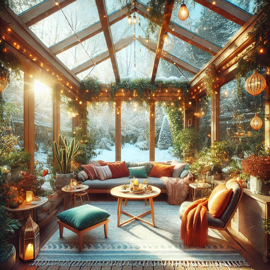 DALL·E 2024 07 12 20.04.36 A cozy winter garden kis bahcesi with a glass roof and walls allowing natural light to flood the space. The garden is filled with vibrant plants c Bahçeniz, evinizin dış mekanında en önemli alanlardan biridir. Doğru dekorasyon ve donanım ile bu alanı hem estetik hem de kullanışlı hale getirebilirsiniz. İşte pergola, kış bahçesi, tente, bioklimatik pergola, teras kapama ve veranda gibi unsurların yardımıyla bahçenize estetik katmanın yolları.