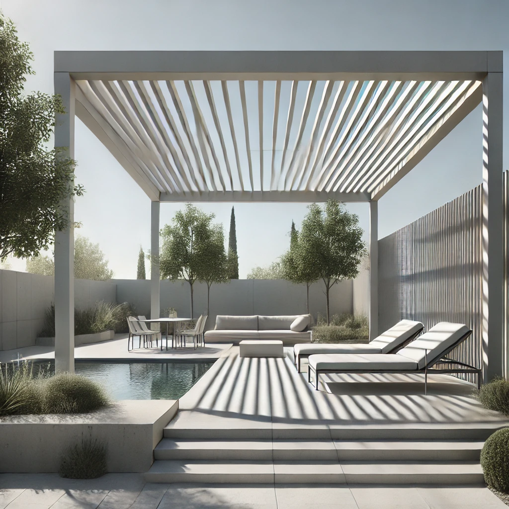 DALL·E 2024 07 12 20.11.50 A minimalist bioclimatic pergola in a sleek modern garden. The pergola features clean lines and simple design with adjustable louvers for light contr 1 Bioklimatik pergolalar, ayarlanabilir panelleri sayesinde güneş ışığını ve hava akışını kontrol etmenizi sağlar. Minimalist bir tasarımla birleştiğinde, bahçenizde hem estetik hem de fonksiyonel bir alan oluşturur. Temiz hatlar ve sade renkler, minimalist pergolaların başlıca özelliklerindendir. Bu pergolalar, modern yaşam tarzına uyum sağlayarak, konforlu ve şık bir dış mekan yaratır.