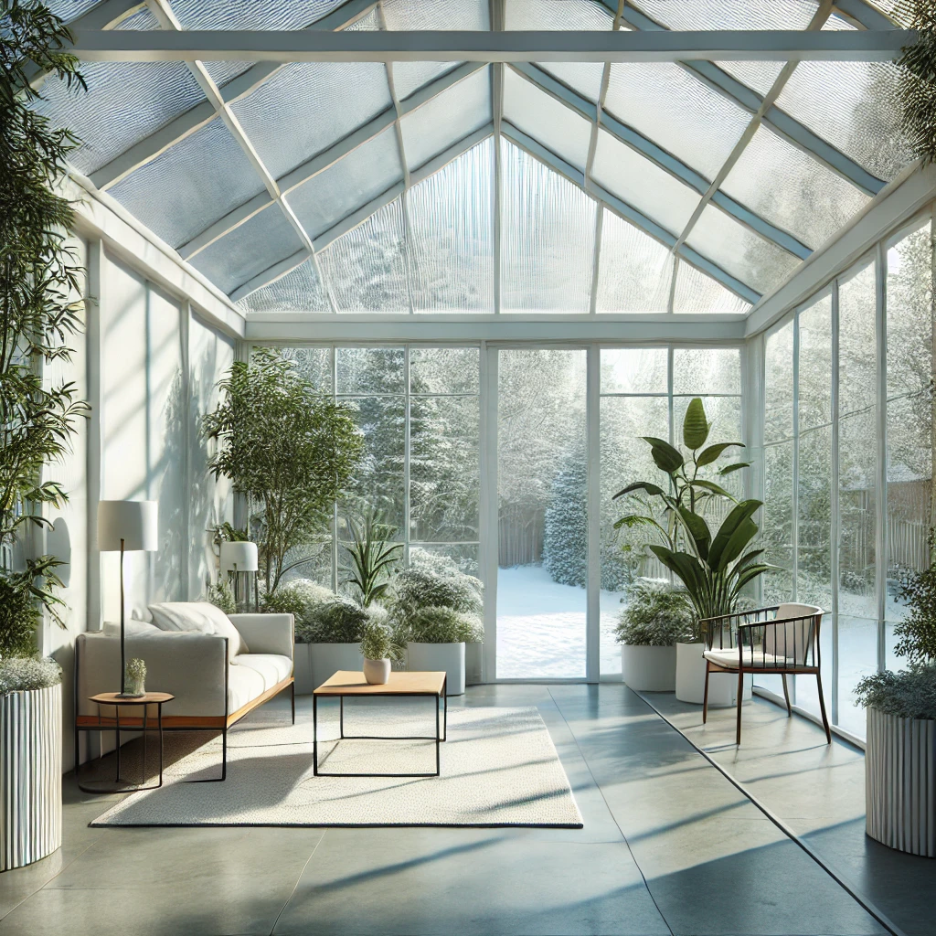 DALL·E 2024 07 12 20.11.52 A serene winter garden with a minimalist design featuring a glass roof and walls that allow natural light to pour in. The garden has clean simple li 2