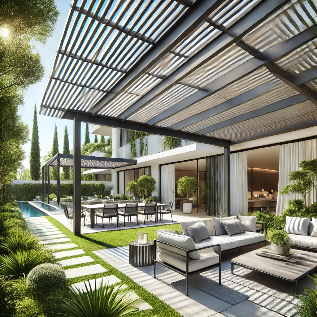 DALL·E 2024 07 12 20.20.36 A spacious outdoor area with a bioclimatic pergola extending the living space seamlessly into the garden. The pergola features sleek modern design w 1 Pergola, kış bahçesi, tente, bioklimatik pergola, teras kapama ve veranda gibi sistemler, dış mekanınıza estetik ve fonksiyonellik katmanın en etkili yollarındandır. Doğru seçimlerle, bahçenizi her mevsim kullanabileceğiniz şık ve konforlu bir alana dönüştürebilirsiniz.