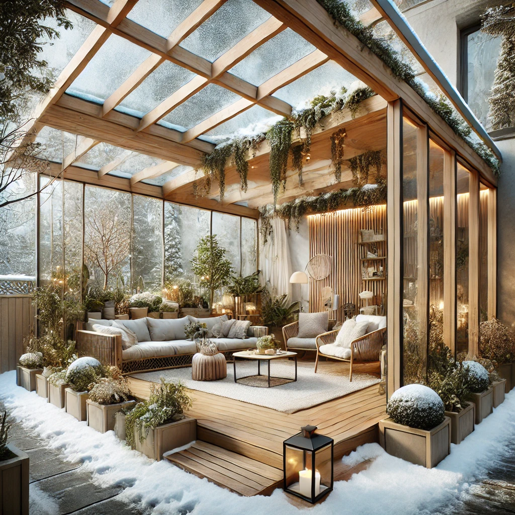 DALL·E 2024 07 12 20.20.38 A cozy winter garden with a bioclimatic pergola allowing natural light to enter through glass panels. The area is decorated with modern furniture and 2