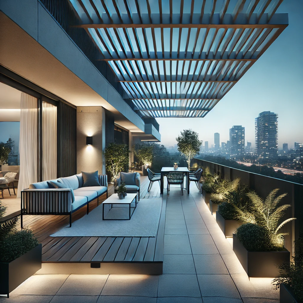 DALL·E 2024 07 12 20.20.39 A modern terrace with a bioclimatic pergola extending the living area outdoors. The terrace features clean lines and minimalist design with comfortab 1