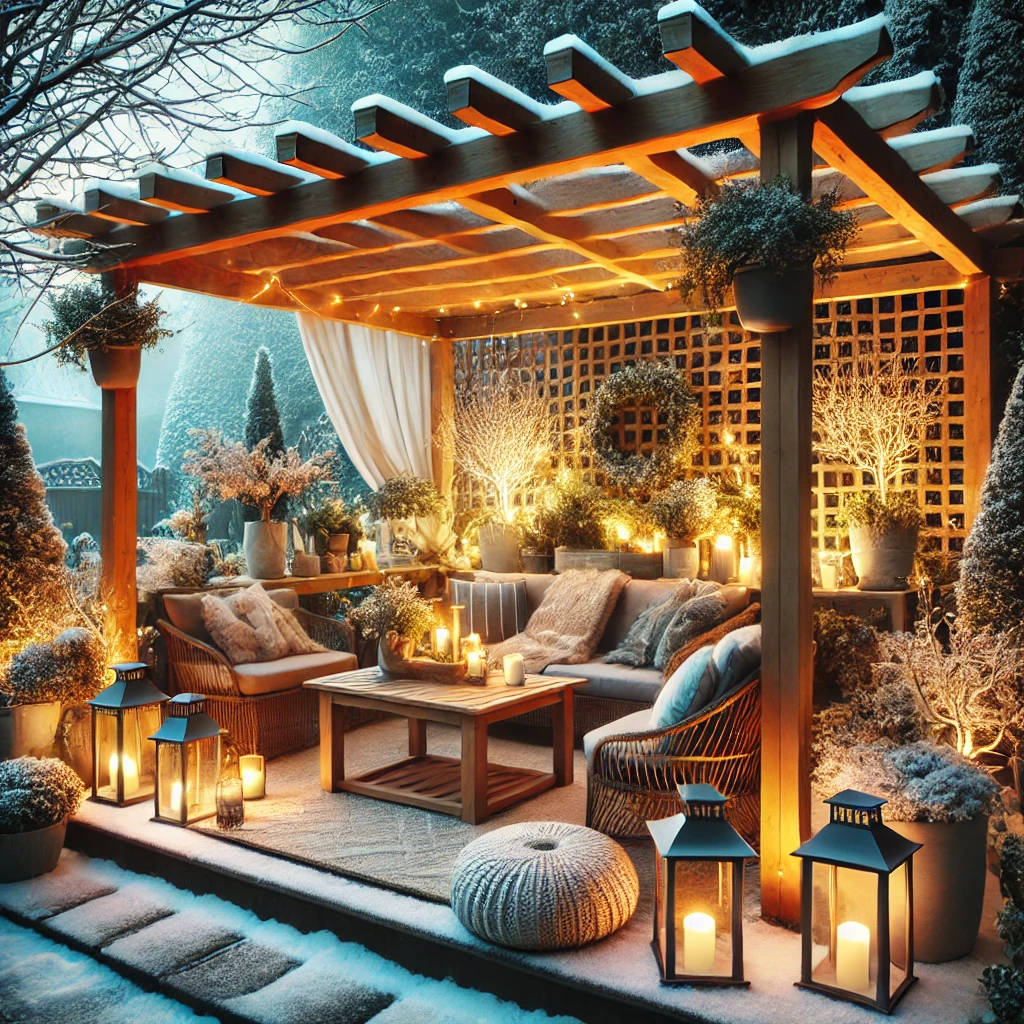 DALL·E 2024 07 12 20.24.00 A cozy winter garden with a stylish pergola. The pergola provides shelter to a beautifully arranged garden area with comfortable seating various wint 1