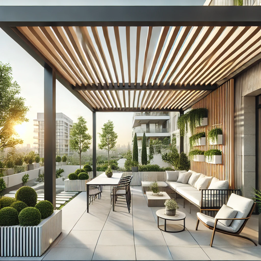 DALL·E 2024 07 12 20.26.11 A stylish terrace with a bioclimatic pergola. The pergola has adjustable louvers creating a versatile space for all weather conditions. The terrace f Bu yazıda, pergola, kış bahçesi, tente, bioklimatik, teras kapama ve veranda gibi anahtar kelimeleri kullanarak, bioklimatik pergola sistemlerinin sunduğu avantajları ve kullanım alanlarını detaylı bir şekilde inceledik. Bahçenize özel bir dokunuş katmak ve dış mekanlarınızı daha işlevsel hale getirmek için bioklimatik pergola çözümlerini tercih edebilirsiniz.