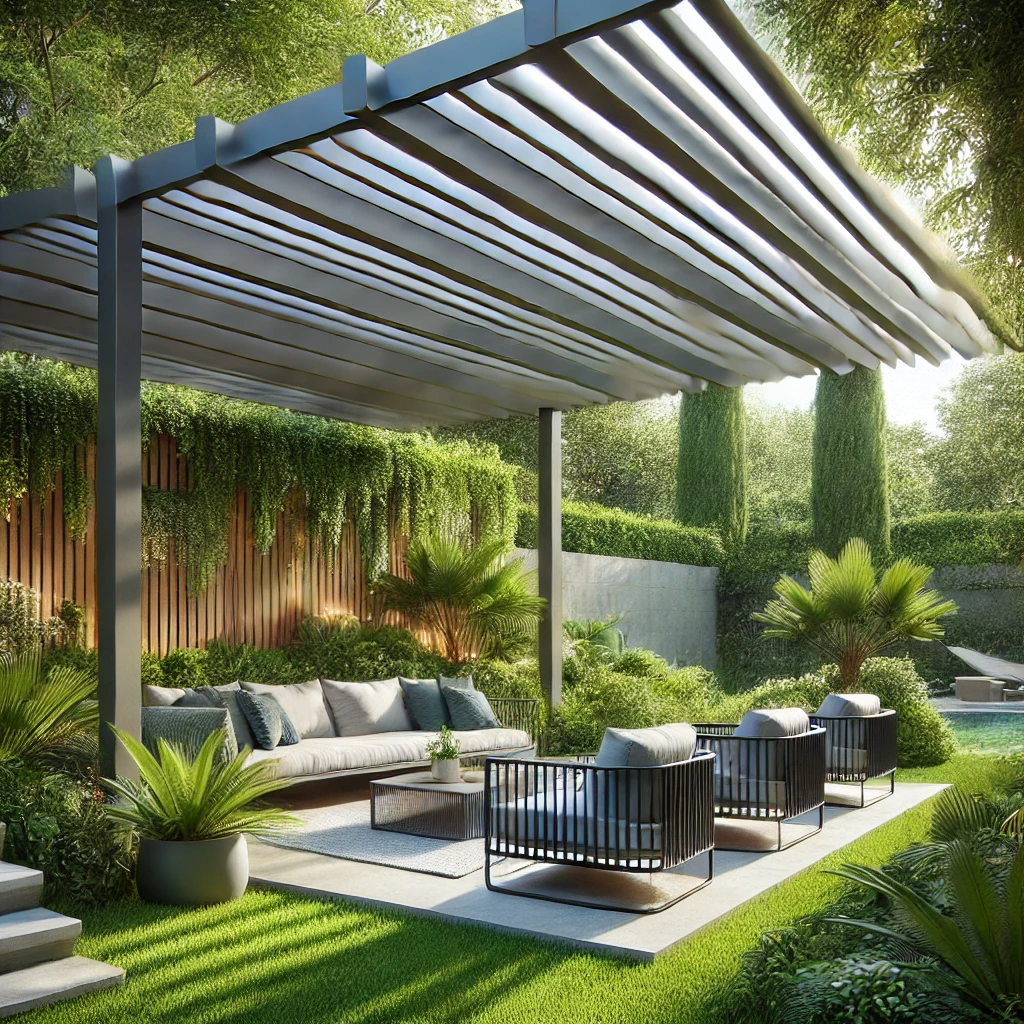 DALL·E 2024 07 12 20.26.13 A beautiful garden with a sleek modern bioclimatic pergola providing shade and shelter. The pergola features adjustable louvers allowing for the pe 1 Kış bahçeleri, doğanın tadını yıl boyunca çıkarmak isteyenler için mükemmel bir çözüm sunar. Bioklimatik pergolalar ile donatılmış kış bahçeleri, her mevsim konforlu ve kullanışlı yaşam alanları yaratır. Bu alanlarda kullanacağınız mobilyalar ve dekoratif aksesuarlarla dış mekanlarınızı kişiselleştirerek, konforlu ve şık bir ortam yaratabilirsiniz. İstanbul'da kış bahçesi kullanımı konusunda bu yazıda verilen önerilerle, dış mekanlarınızı daha çekici ve kullanışlı hale getirebilirsiniz. Pergolasia.com üzerinden çeşitli pergola modellerini inceleyebilir, en uygun çözümleri bulabilirsiniz.