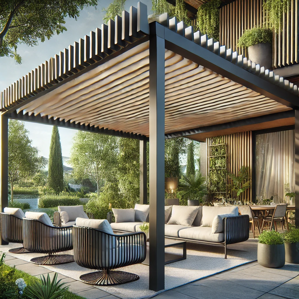 DALL·E 2024 07 12 20.36.12 A bioclimatic pergola made from durable materials set in a stylish outdoor space. The pergola features adjustable louvered roof slats demonstrating 1 1