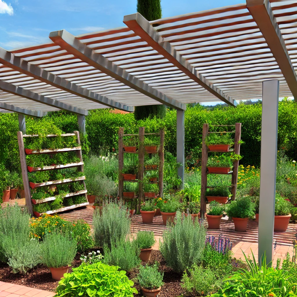 DALL·E 2024 07 12 20.39.36 A bioclimatic pergola in a garden providing a shaded area ideal for growing plants. The pergola features adjustable louvers for controlling sunlight Bioklimatik pergolalar, ayarlanabilir panelleri sayesinde güneş ışığını ve hava akışını kontrol etmenizi sağlar. Bu özellikleri ile bioklimatik pergolalar, bitkilerinizin ihtiyaç duyduğu ışık miktarını ve sıcaklığı ayarlamanıza yardımcı olur. Gölgelik alanlarda bitki yetiştirmek, bitkilerin güneş ışığından korunarak sağlıklı büyümelerini sağlar. Ayrıca, pergolanın sunduğu estetik ve modern tasarım, bahçenizin veya terasınızın görünümünü zenginleştirir.