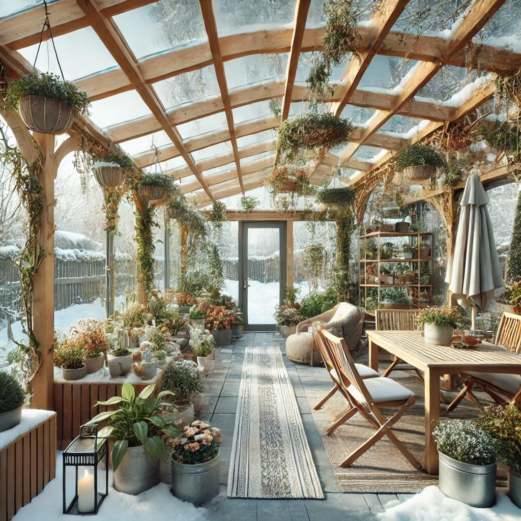 DALL·E 2024 07 12 20.39.37 A cozy winter garden with a bioclimatic pergola providing an ideal environment for growing plants during the colder months. The garden has glass wall Bioklimatik pergolalar, ayarlanabilir panelleri sayesinde güneş ışığını ve hava akışını kontrol etmenizi sağlar. Bu özellikleri ile bioklimatik pergolalar, bitkilerinizin ihtiyaç duyduğu ışık miktarını ve sıcaklığı ayarlamanıza yardımcı olur. Gölgelik alanlarda bitki yetiştirmek, bitkilerin güneş ışığından korunarak sağlıklı büyümelerini sağlar. Ayrıca, pergolanın sunduğu estetik ve modern tasarım, bahçenizin veya terasınızın görünümünü zenginleştirir.