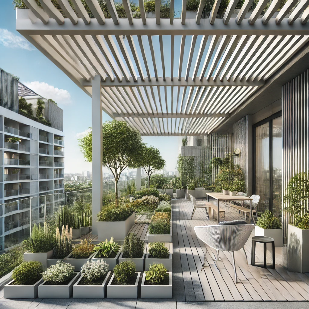 DALL·E 2024 07 12 20.39.38 A modern terrace with a bioclimatic pergola providing a shaded area for growing plants. The terrace features clean lines and minimalist design with p 1 Bioklimatik pergolalar, ayarlanabilir panelleri sayesinde güneş ışığını ve hava akışını kontrol etmenizi sağlar. Bu özellikleri ile bioklimatik pergolalar, bitkilerinizin ihtiyaç duyduğu ışık miktarını ve sıcaklığı ayarlamanıza yardımcı olur. Gölgelik alanlarda bitki yetiştirmek, bitkilerin güneş ışığından korunarak sağlıklı büyümelerini sağlar. Ayrıca, pergolanın sunduğu estetik ve modern tasarım, bahçenizin veya terasınızın görünümünü zenginleştirir.