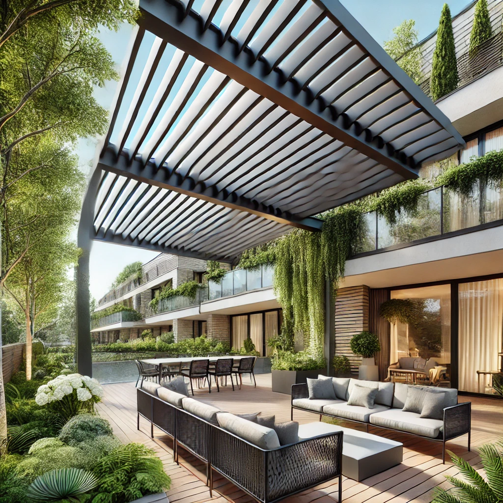 DALL·E 2024 07 12 20.40.52 A beautiful terrace enhanced with a sleek modern bioclimatic pergola featuring adjustable louvers for shade and ventilation. The terrace is stylishl 1 Bioklimatik pergola sistemleri, hava koşullarına uyum sağlayan, modern ve işlevsel çözümler sunar. Bahçenizde, terasınızda veya verandanızda bioklimatik pergola kullanarak, her mevsim konforlu ve estetik bir dış mekan yaşam alanı yaratabilirsiniz. Kaliteli malzemeler, modern tasarımlar ve kullanıcı dostu özellikler ile bioklimatik pergola sistemleri, dış mekan yaşam kalitenizi arttırmanın en etkili yoludur.