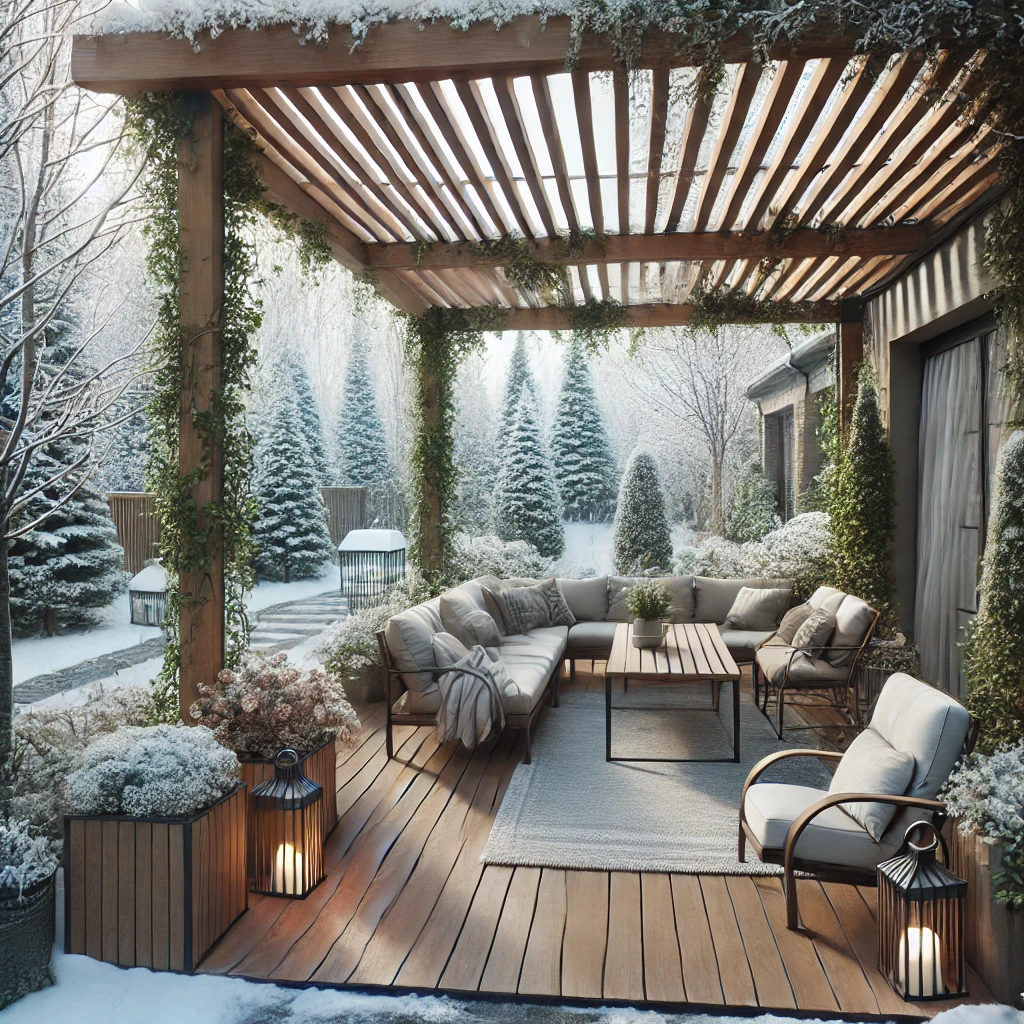 DALL·E 2024 07 12 20.40.53 A cozy winter garden with a bioclimatic pergola. The pergola has adjustable louvers providing shelter and light control. The area is furnished with c Bioklimatik pergola sistemleri, hava koşullarına uyum sağlayan, modern ve işlevsel çözümler sunar. Bahçenizde, terasınızda veya verandanızda bioklimatik pergola kullanarak, her mevsim konforlu ve estetik bir dış mekan yaşam alanı yaratabilirsiniz. Kaliteli malzemeler, modern tasarımlar ve kullanıcı dostu özellikler ile bioklimatik pergola sistemleri, dış mekan yaşam kalitenizi arttırmanın en etkili yoludur.