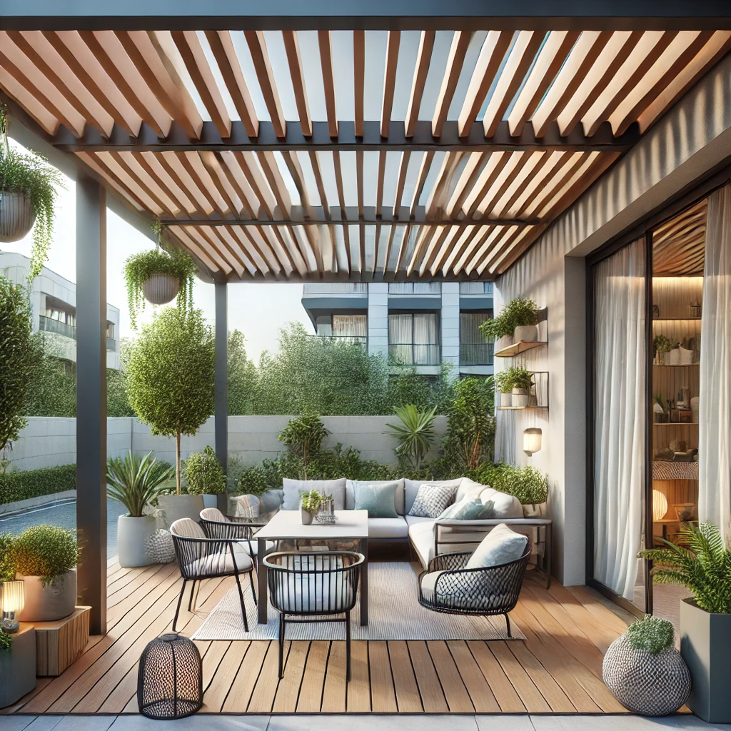 DALL·E 2024 07 12 20.40.54 A stylish veranda with a bioclimatic pergola. The pergola has adjustable louvers and creates a versatile space for all weather conditions. The veranda 1 Kış bahçeleri, hobi alanları yaratmak için mükemmel fırsatlar sunar. Sanat ve el işi köşeleri, bitki yetiştirme alanları ve sosyal eğlence alanları ile kış bahçenizi hem estetik hem de fonksiyonel hale getirebilirsiniz. Doğru tasarım ve malzeme seçimi ile kış bahçenizi en iyi şekilde değerlendirerek, yaratıcı ve keyifli alanlar oluşturabilirsiniz. Anahtar kelimelerimiz olan Pergola, Kış Bahçesi, Tente, Bioklimatik, Teras Kapama ve Veranda'yı içeren bu öneriler, kış bahçenizi en iyi şekilde değerlendirmenize yardımcı olacaktır.