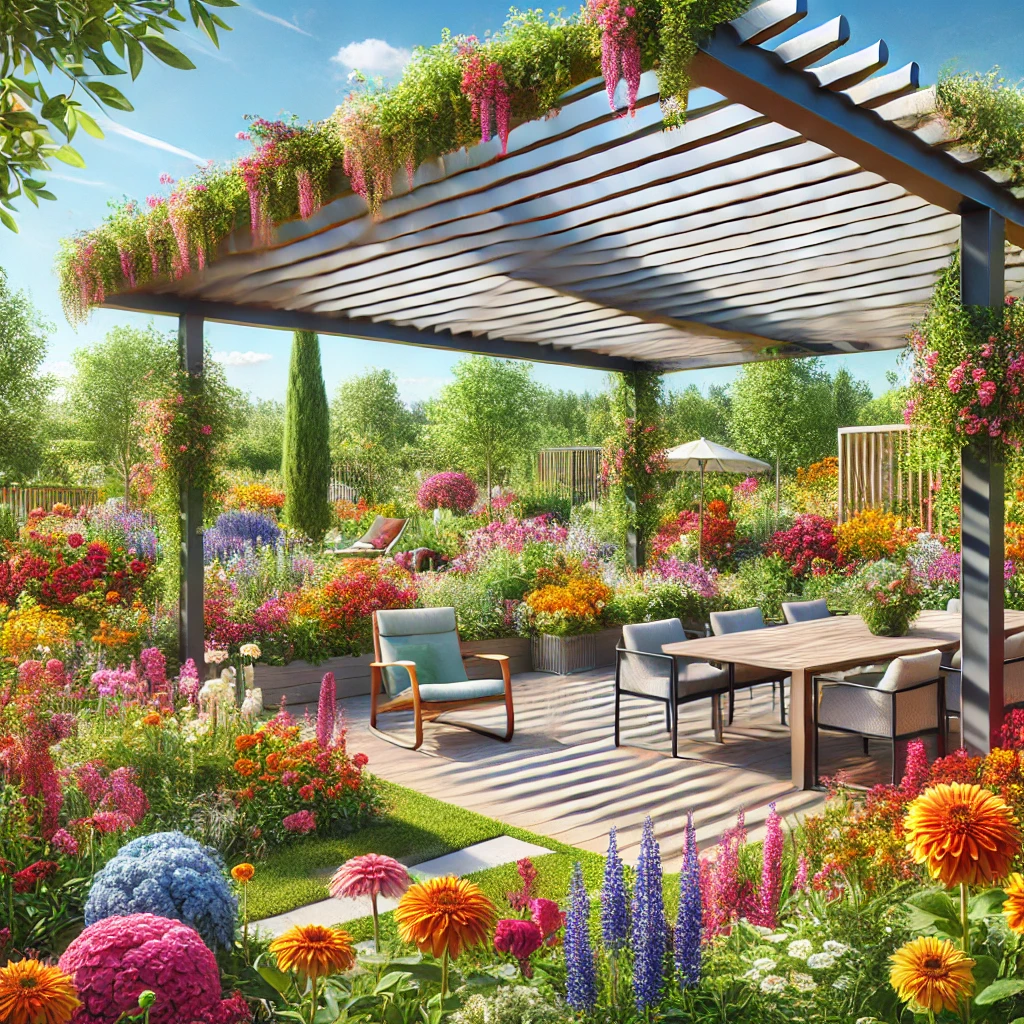 DALL·E 2024 07 12 21.05.31 A bioclimatic pergola in a colorful garden providing a vibrant and lively atmosphere. The pergola features adjustable louvers for sunlight control a Pergola, kış bahçesi, tente, bioklimatik pergola, teras kapama ve veranda gibi sistemler, dış mekanınıza estetik ve fonksiyonellik katmanın en etkili yollarındandır. Doğru seçimlerle, bahçenizi her mevsim kullanabileceğiniz şık ve konforlu bir alana dönüştürebilirsiniz.