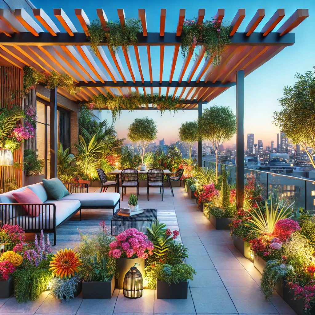 DALL·E 2024 07 12 21.05.33 A modern terrace with a bioclimatic pergola featuring a vibrant array of plants and flowers. The terrace includes comfortable outdoor furniture and p 1 Pergola, kış bahçesi, tente, bioklimatik pergola, teras kapama ve veranda gibi sistemler, dış mekanınıza estetik ve fonksiyonellik katmanın en etkili yollarındandır. Doğru seçimlerle, bahçenizi her mevsim kullanabileceğiniz şık ve konforlu bir alana dönüştürebilirsiniz.