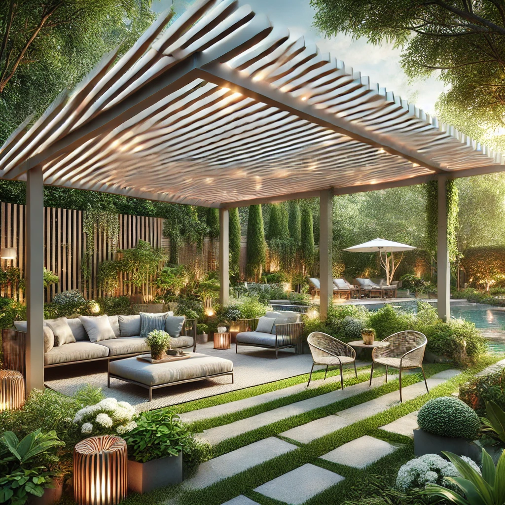 DALL·E 2024 07 12 21.08.26 A beautiful bioclimatic pergola in a lush garden designed for comfort in all seasons. The pergola has adjustable louvered roof slats allowing contro Bioklimatik pergola sistemleri, hava koşullarına uyum sağlayan, modern ve işlevsel çözümler sunar. Bahçenizde, terasınızda veya verandanızda bioklimatik pergola kullanarak, her mevsim konforlu ve estetik bir dış mekan yaşam alanı yaratabilirsiniz. Kaliteli malzemeler, modern tasarımlar ve kullanıcı dostu özellikler ile bioklimatik pergola sistemleri, dış mekan yaşam kalitenizi arttırmanın en etkili yoludur.