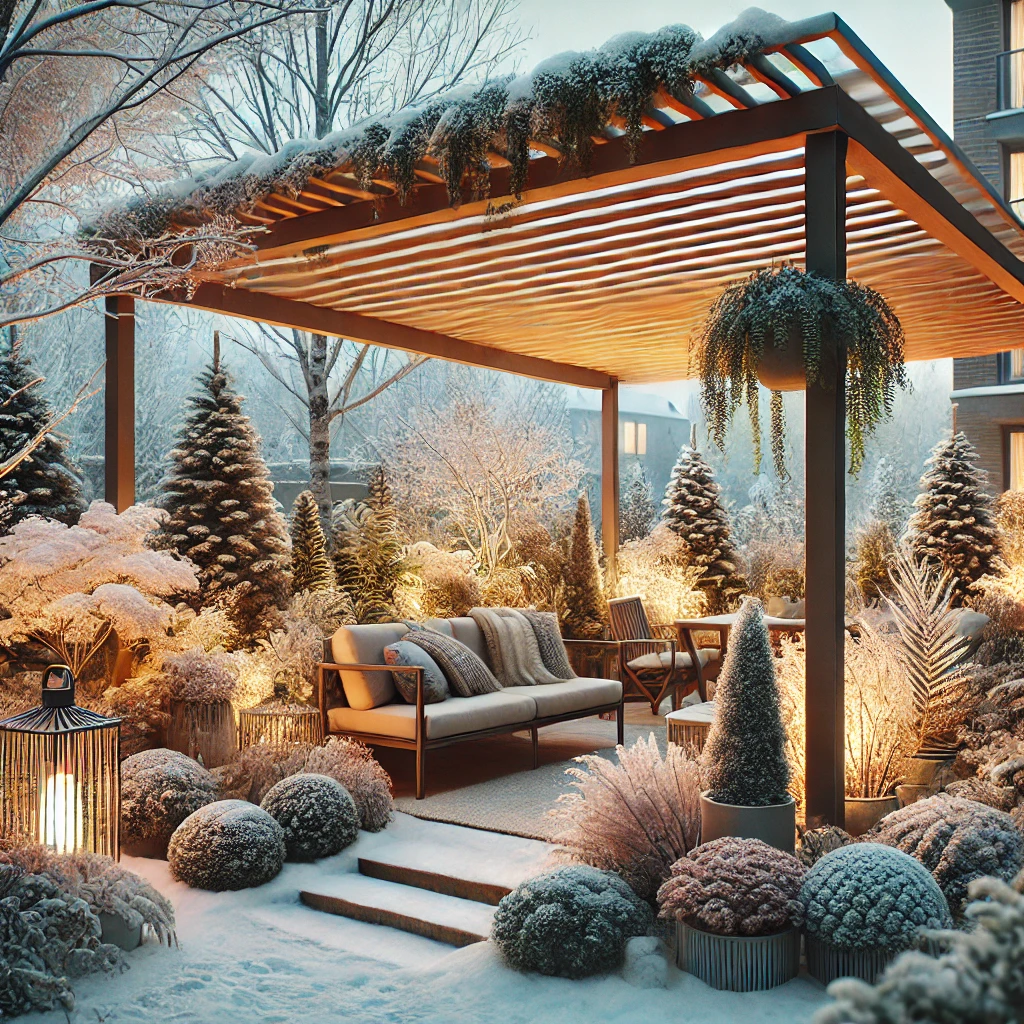 DALL·E 2024 07 12 21.08.27 A winter garden with a bioclimatic pergola. The pergola has adjustable louvered roof slats and is surrounded by various winter plants and cozy seating Bioklimatik pergola sistemleri, hava koşullarına uyum sağlayan, modern ve işlevsel çözümler sunar. Bahçenizde, terasınızda veya verandanızda bioklimatik pergola kullanarak, her mevsim konforlu ve estetik bir dış mekan yaşam alanı yaratabilirsiniz. Kaliteli malzemeler, modern tasarımlar ve kullanıcı dostu özellikler ile bioklimatik pergola sistemleri, dış mekan yaşam kalitenizi arttırmanın en etkili yoludur.