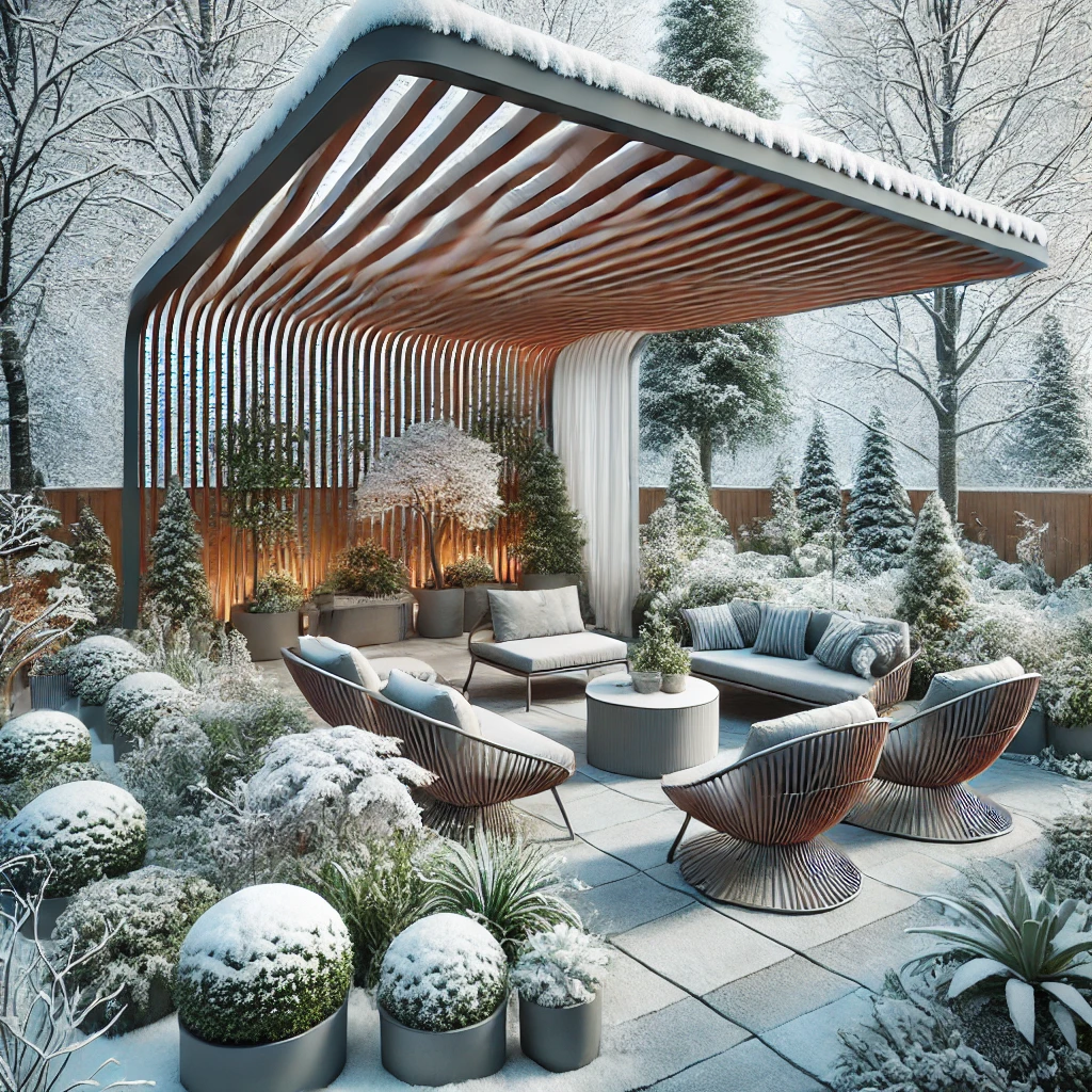 DALL·E 2024 07 12 21.08.51 A winter garden with a modern bioclimatic pergola. The pergola features adjustable louvers surrounded by snow covered plants and trees providing a w Bioklimatik pergola sistemleri, hava koşullarına uyum sağlayan, modern ve işlevsel çözümler sunar. Bahçenizde, terasınızda veya verandanızda bioklimatik pergola kullanarak, her mevsim konforlu ve estetik bir dış mekan yaşam alanı yaratabilirsiniz. Kaliteli malzemeler, modern tasarımlar ve kullanıcı dostu özellikler ile bioklimatik pergola sistemleri, dış mekan yaşam kalitenizi arttırmanın en etkili yoludur.