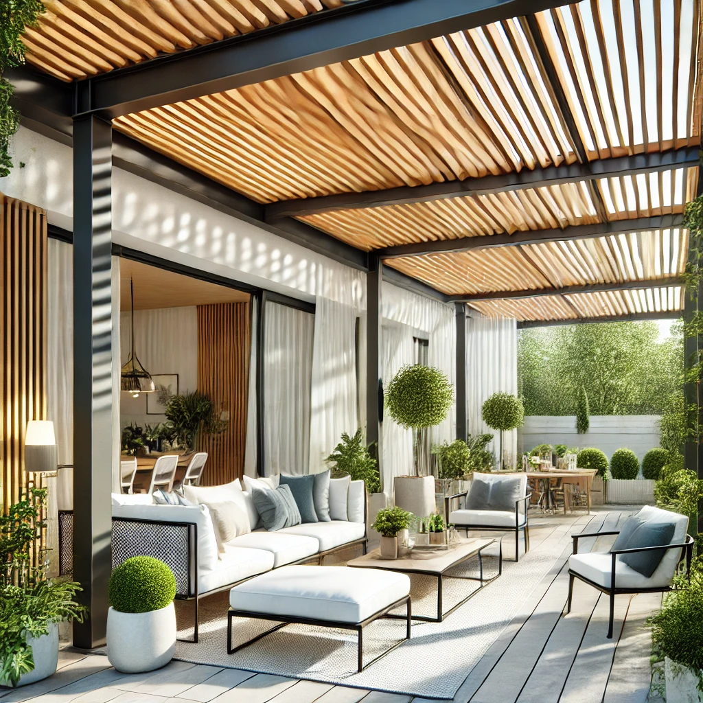 DALL·E 2024 07 12 21.08.52 A stylish veranda with a bioclimatic pergola. The pergola has adjustable louvers and creates a versatile space for all weather conditions. The veranda 1 Pergola, kış bahçesi, tente, bioklimatik pergola, teras kapama ve veranda gibi sistemler, dış mekanınıza estetik ve fonksiyonellik katmanın en etkili yollarındandır. Doğru seçimlerle, bahçenizi her mevsim kullanabileceğiniz şık ve konforlu bir alana dönüştürebilirsiniz.