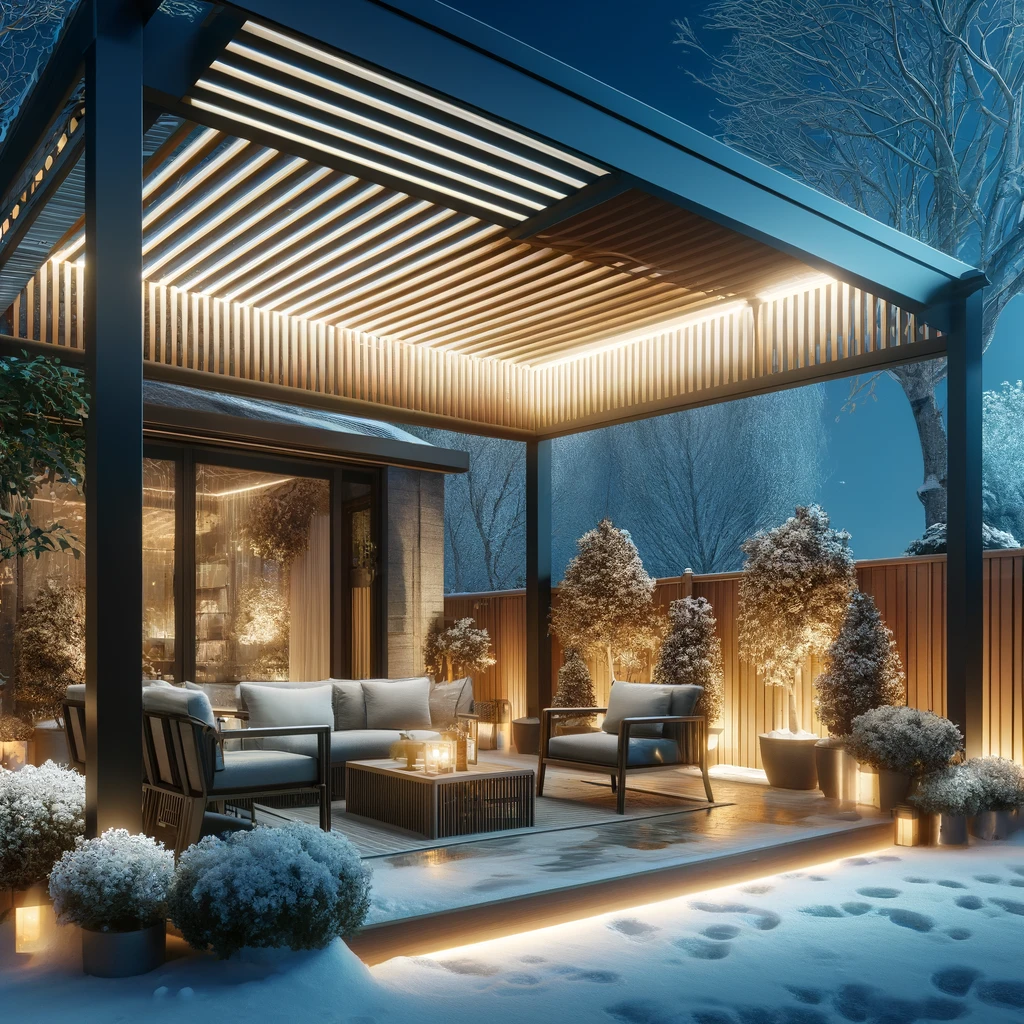 DALL·E 2024 07 12 21.17.58 A winter garden with a bioclimatic pergola at night. The pergola features adjustable louvers and integrated lighting creating a cozy and well lit out 1 Kış bahçeniz için doğru malzemeleri seçmek, bu alanın konforlu ve uzun ömürlü olmasını sağlar. Ahşap, alüminyum, metal, cam ve PVC gibi malzemeler, kış bahçenizde estetik ve işlevsel çözümler sunar. Ahşap pergolalar ve tente sistemleri, doğal bir atmosfer yaratırken; alüminyum bioklimatik pergolalar ve metal teras kapama sistemleri modern ve dayanıklı seçenekler sunar. Cam duvarlar ve PVC tente sistemleri ise ışık geçirgenliği ve izolasyon özellikleri ile kış bahçenizi daha kullanışlı hale getirir. Anahtar kelimelerimiz olan Pergola, Kış Bahçesi, Tente, Bioklimatik, Teras Kapama ve Veranda'yı içeren bu öneriler, kış bahçenizi en iyi şekilde inşa etmenize yardımcı olacaktır.