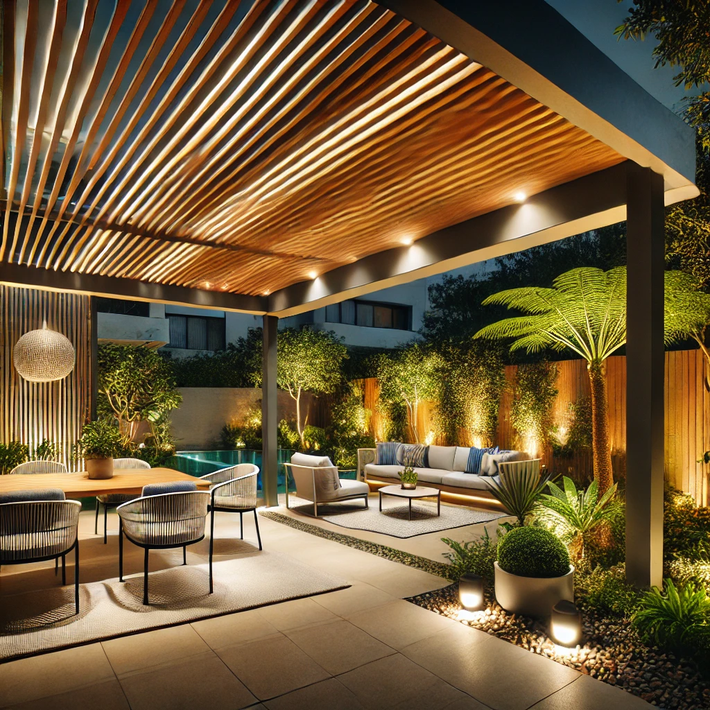 DALL·E 2024 07 12 21.18.02 A modern bioclimatic pergola in a beautifully lit garden at night. The pergola has adjustable louvers and integrated lighting creating a warm and inv 1 Bioklimatik pergola sistemleri, hava koşullarına uyum sağlayan, modern ve işlevsel çözümler sunar. Bahçenizde, terasınızda veya verandanızda bioklimatik pergola kullanarak, her mevsim ve her saat konforlu ve estetik bir dış mekan yaşam alanı yaratabilirsiniz. Kaliteli malzemeler, modern tasarımlar ve kullanıcı dostu özellikler ile bioklimatik pergola sistemleri, dış mekan yaşam kalitenizi arttırmanın en etkili yoludur.