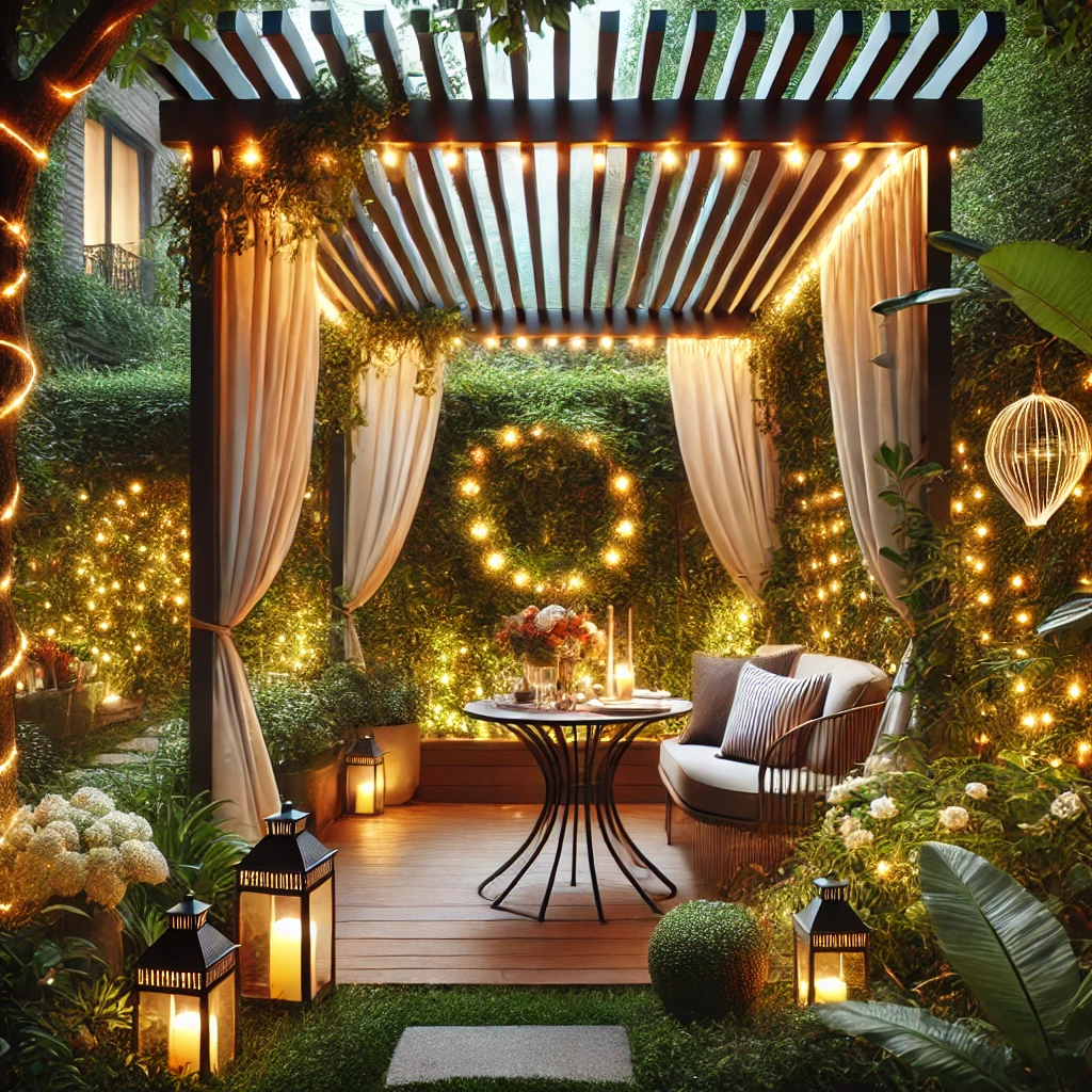 DALL·E 2024 07 12 21.23.05 A romantic garden corner with a modern bioclimatic pergola. The pergola has adjustable louvers and is surrounded by lush greenery and fairy lights cr 2