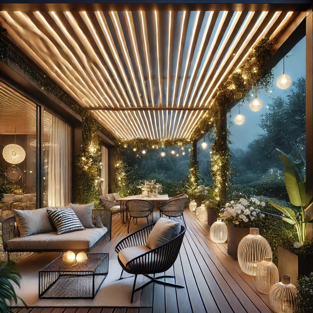 DALL·E 2024 07 12 21.23.07 A stylish veranda with a bioclimatic pergola featuring adjustable louvers and fairy lights. The pergola creates a warm and inviting atmosphere with m 1 Kış bahçenizde kullanacağınız mobilyalar, konforlu ve estetik bir ortam yaratmak için oldukça önemlidir. Ahşap mobilyalar, bioklimatik pergola sistemleri, tente altında konforlu oturma grupları ve minimalist teras kapama mobilyaları, kış bahçenizi daha kullanışlı ve şık hale getirir. Anahtar kelimelerimiz olan Pergola, Kış Bahçesi, Tente, Bioklimatik, Teras Kapama ve Veranda'yı içeren bu öneriler, kış bahçenizi en iyi şekilde dekore etmenize yardımcı olacaktır.