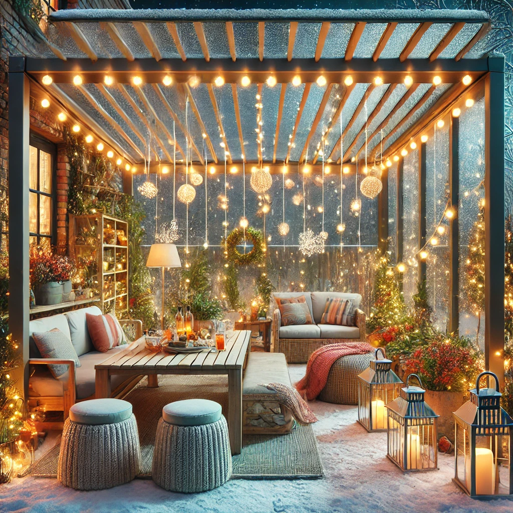 DALL·E 2024 07 12 21.32.59 A cozy winter garden with a bioclimatic pergola set up for an outdoor party. The pergola has adjustable louvers and glass walls allowing natural ligh Pergola, kış bahçesi, tente, bioklimatik pergola, teras kapama ve veranda gibi sistemler, dış mekanınıza estetik ve fonksiyonellik katmanın en etkili yollarındandır. Doğru seçimlerle, bahçenizi her mevsim kullanabileceğiniz şık ve konforlu bir alana dönüştürebilirsiniz.