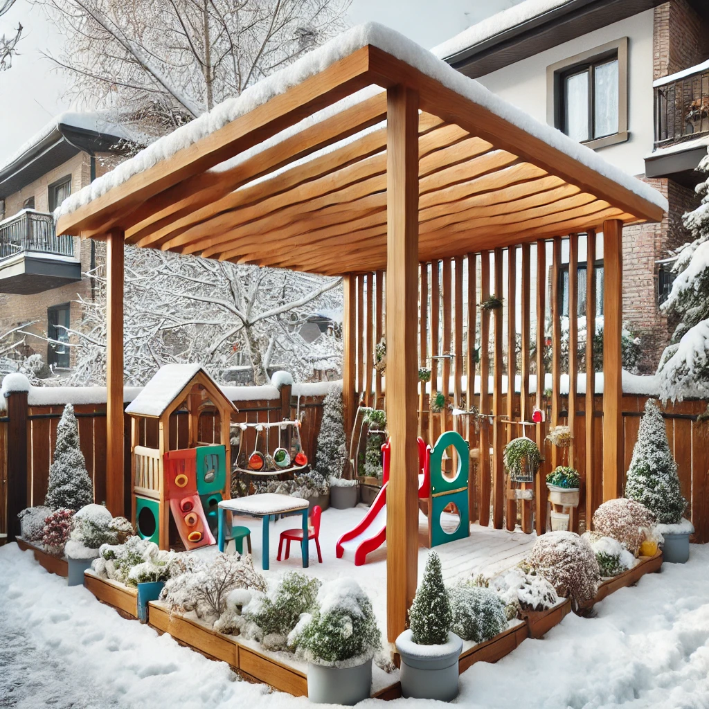 DALL·E 2024 07 12 21.34.38 A cozy winter garden with a bioclimatic pergola designed for childrens play area. The pergola has adjustable louvers and provides shelter from snow. 1 1 Bioklimatik pergola sistemleri, hava koşullarına uyum sağlayan, modern ve işlevsel çözümler sunar. Bahçenizde, terasınızda veya verandanızda bioklimatik pergola kullanarak, her mevsim ve her saat konforlu ve estetik bir dış mekan yaşam alanı yaratabilirsiniz. Kaliteli malzemeler, modern tasarımlar ve kullanıcı dostu özellikler ile bioklimatik pergola sistemleri, dış mekan yaşam kalitenizi arttırmanın en etkili yoludur.