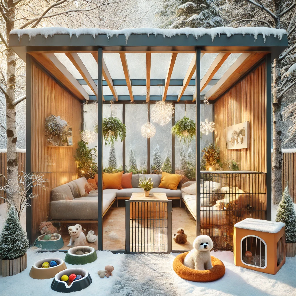 DALL·E 2024 07 12 21.37.24 A cozy winter garden with a bioclimatic pergola designed for pets. The pergola has adjustable louvers and glass walls allowing natural light to enter 1 Pergola, kış bahçesi, tente, bioklimatik pergola, teras kapama ve veranda gibi sistemler, dış mekanınıza estetik ve fonksiyonellik katmanın en etkili yollarındandır. Doğru seçimlerle, bahçenizi her mevsim kullanabileceğiniz şık ve konforlu bir alana dönüştürebilirsiniz.