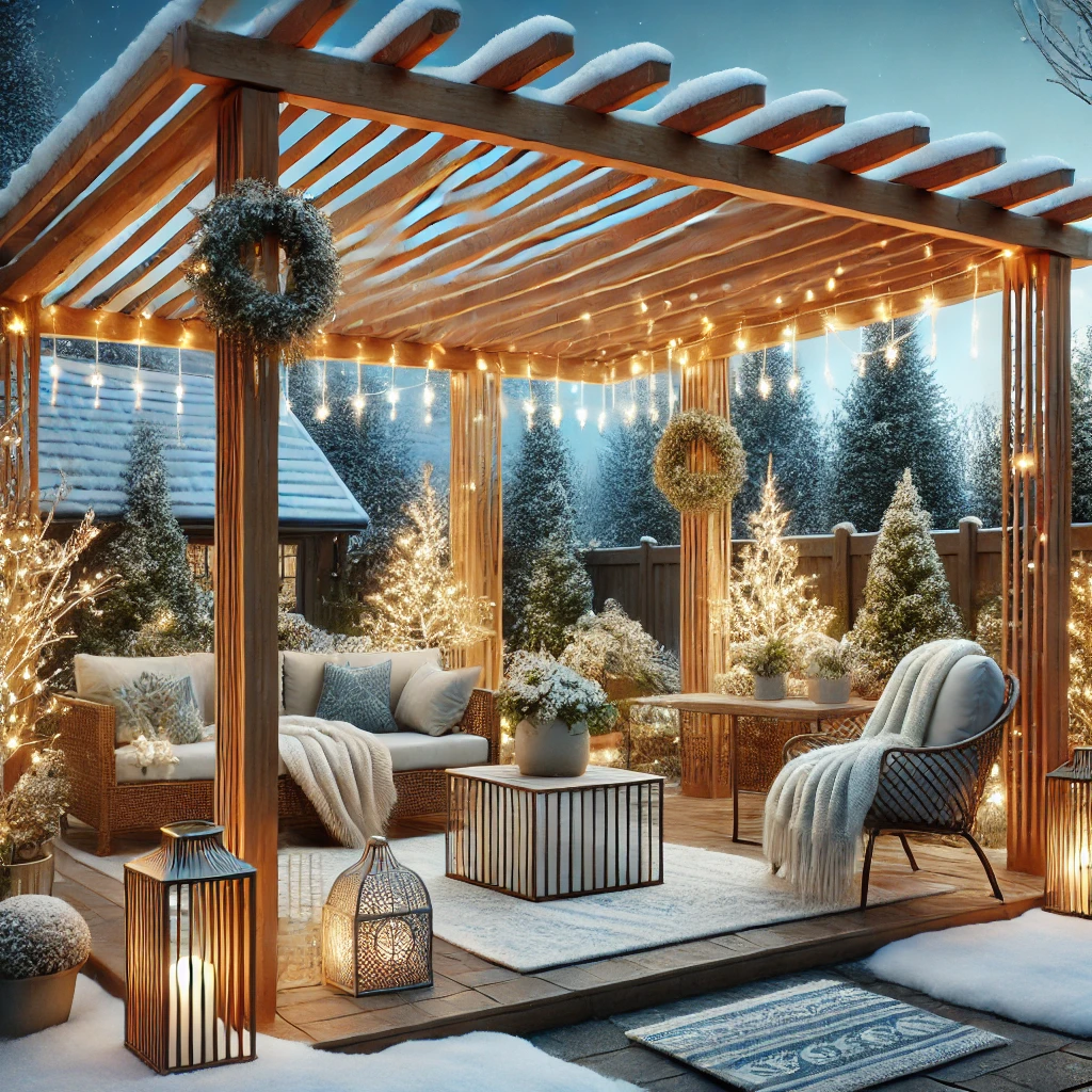 DALL·E 2024 07 13 11.08.13 A cozy winter garden setup with a bioclimatic pergola featuring adjustable slats and elegant outdoor furniture. The space is decorated with winter pl Pergola ve mobilya uyumları, dış mekan yaşam alanlarını estetik ve işlevsel hale getirmenin harika bir yoludur. Kış bahçesi, teras kapama ve veranda gibi farklı alanlar için pergola ve mobilya kombinasyonları ile dış mekanlarınızı kişiselleştirebilir, konforlu ve şık bir ortam yaratabilirsiniz. İstanbul'da pergola kullanımı konusunda bu yazıda verilen önerilerle, dış mekanlarınızı daha çekici ve kullanışlı hale getirebilirsiniz. Pergolasia.com üzerinden çeşitli pergola modellerini inceleyebilir, en uygun çözümleri bulabilirsiniz.