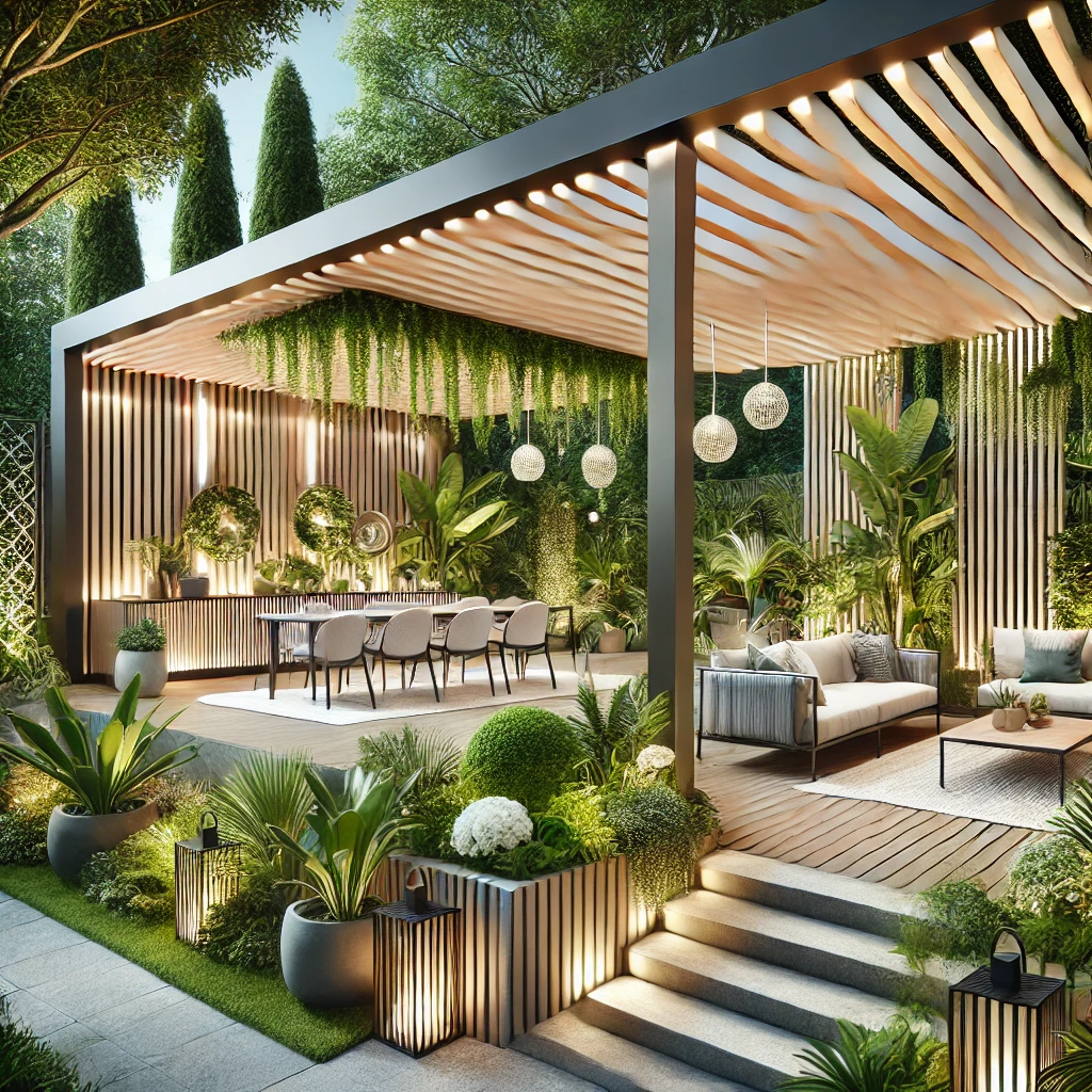 DALL·E 2024 07 13 11.09.41 A beautiful bioclimatic pergola in a modern winter garden setting featuring a stylish outdoor space with a mix of natural and contemporary elements. 1 1 Kış bahçenizde hem gündüz hem de gece konforlu vakit geçirebilmek için ısıtma ve aydınlatma çözümlerine özen göstermek gerekir. Bioklimatik pergolalar, entegre ısıtma ve aydınlatma sistemleri ile donatılabilir. Ayrıca, enerji tasarruflu LED ışıklar ve verimli ısıtıcılar kullanarak kış bahçenizin enerji verimliliğini artırabilirsiniz. Bu sayede, kış bahçeniz yılın her dönemi ideal sıcaklıkta ve aydınlık bir mekan olacaktır.