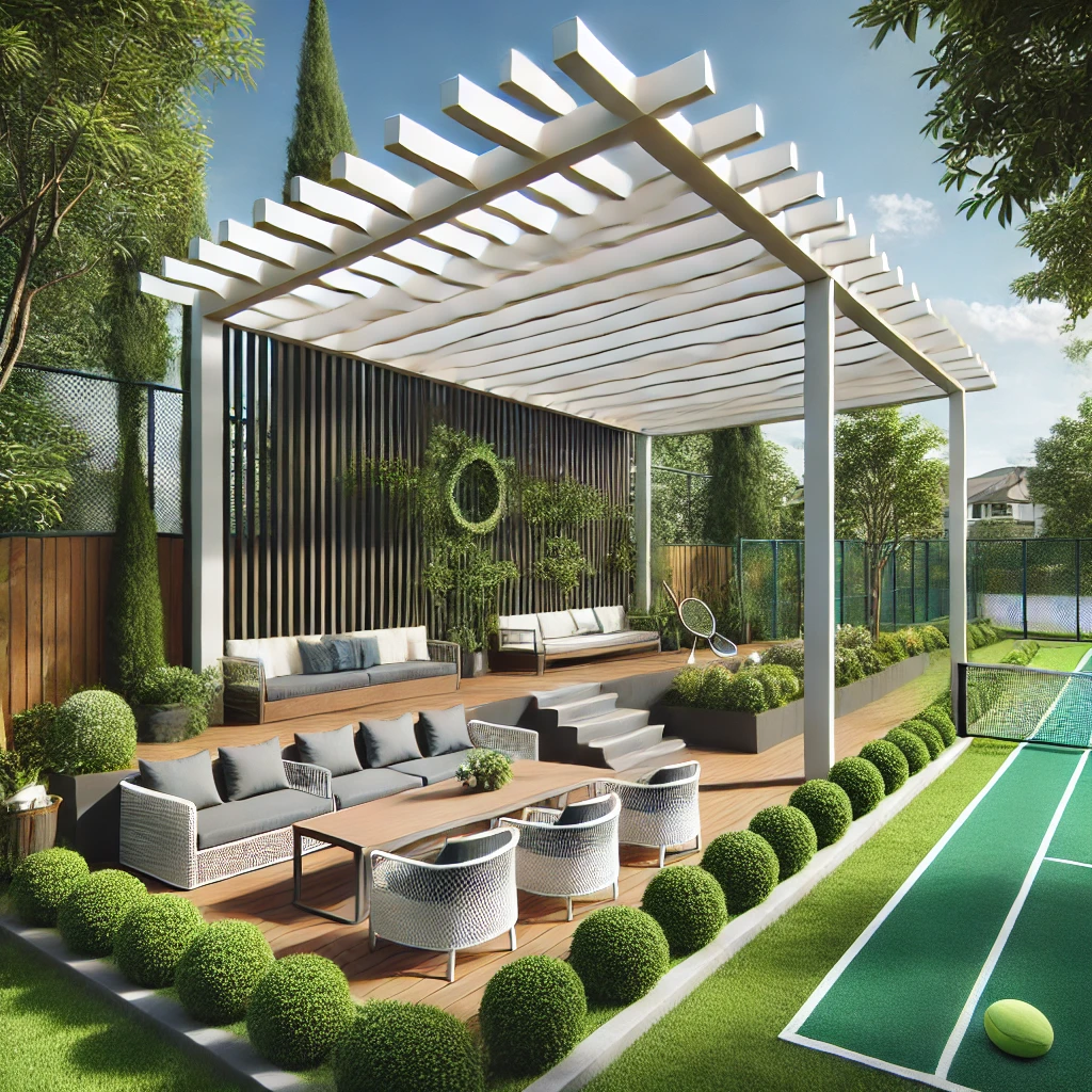 DALL·E 2024 07 13 11.10.49 A modern outdoor sports area with a bioclimatic pergola. The pergola has adjustable louvers and is situated next to a tennis court. Surrounding the pe 1 Pergola ve dış mekan spor alanları, bioklimatik pergolalar ile yeniden şekillendirilerek kullanıcılarına konfor ve estetik sunar. Fitness, tenis ve yoga gibi çeşitli spor aktiviteleri için uygun ortamlar sağlayan bu yapılar, her mevsim kullanım imkanı tanır. Güneş ışığını ve havalandırmayı kontrol edebilme özellikleri ile spor alanlarının konforunu artırırken, modern ve şık tasarımları ile estetik bir görünüm kazandırır.