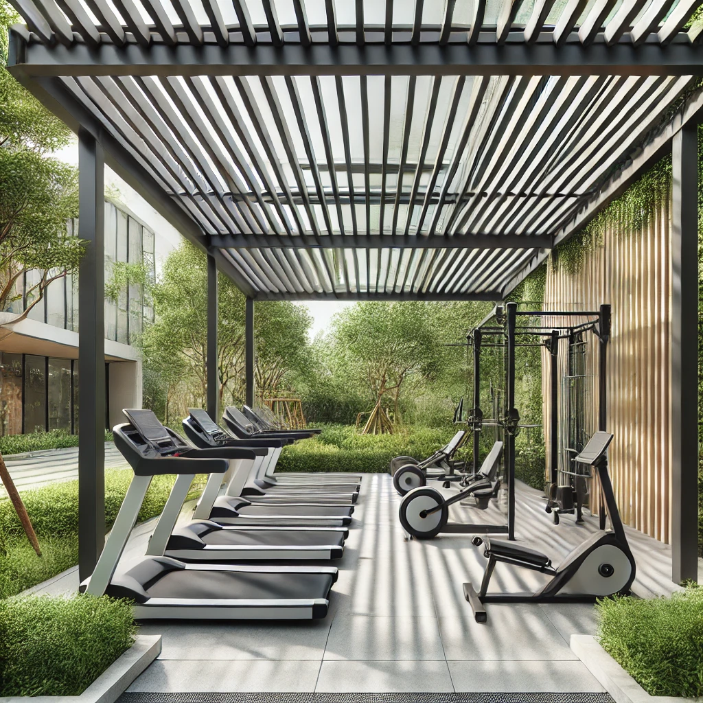 DALL·E 2024 07 13 11.10.51 A modern outdoor gym area covered with a bioclimatic pergola. The pergola has adjustable louvers and is placed over various fitness equipment like tre Pergola ve dış mekan spor alanları, bioklimatik pergolalar ile yeniden şekillendirilerek kullanıcılarına konfor ve estetik sunar. Fitness, tenis ve yoga gibi çeşitli spor aktiviteleri için uygun ortamlar sağlayan bu yapılar, her mevsim kullanım imkanı tanır. Güneş ışığını ve havalandırmayı kontrol edebilme özellikleri ile spor alanlarının konforunu artırırken, modern ve şık tasarımları ile estetik bir görünüm kazandırır.