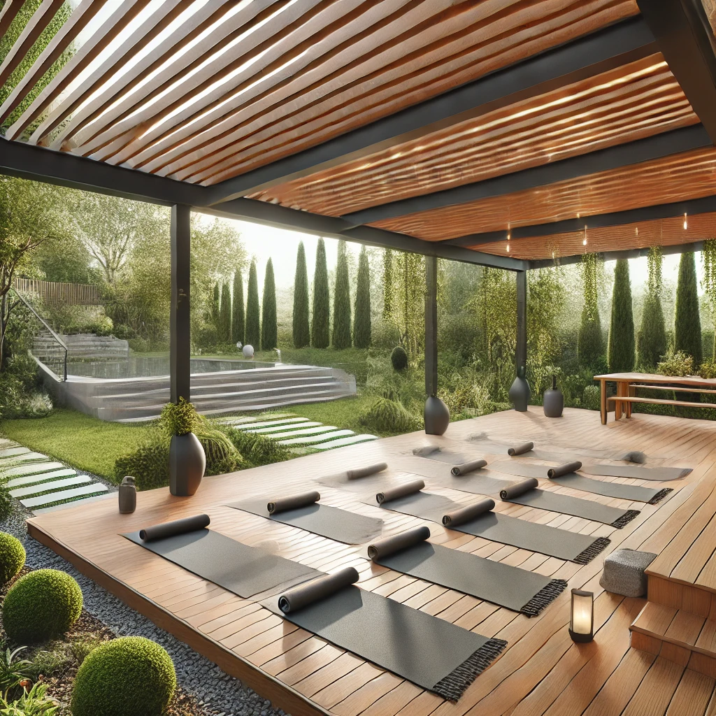 DALL·E 2024 07 13 11.10.52 A stylish outdoor yoga area covered by a bioclimatic pergola. The pergola has adjustable louvers and is set up over a wooden deck with yoga mats laid Pergola ve dış mekan spor alanları, bioklimatik pergolalar ile yeniden şekillendirilerek kullanıcılarına konfor ve estetik sunar. Fitness, tenis ve yoga gibi çeşitli spor aktiviteleri için uygun ortamlar sağlayan bu yapılar, her mevsim kullanım imkanı tanır. Güneş ışığını ve havalandırmayı kontrol edebilme özellikleri ile spor alanlarının konforunu artırırken, modern ve şık tasarımları ile estetik bir görünüm kazandırır.