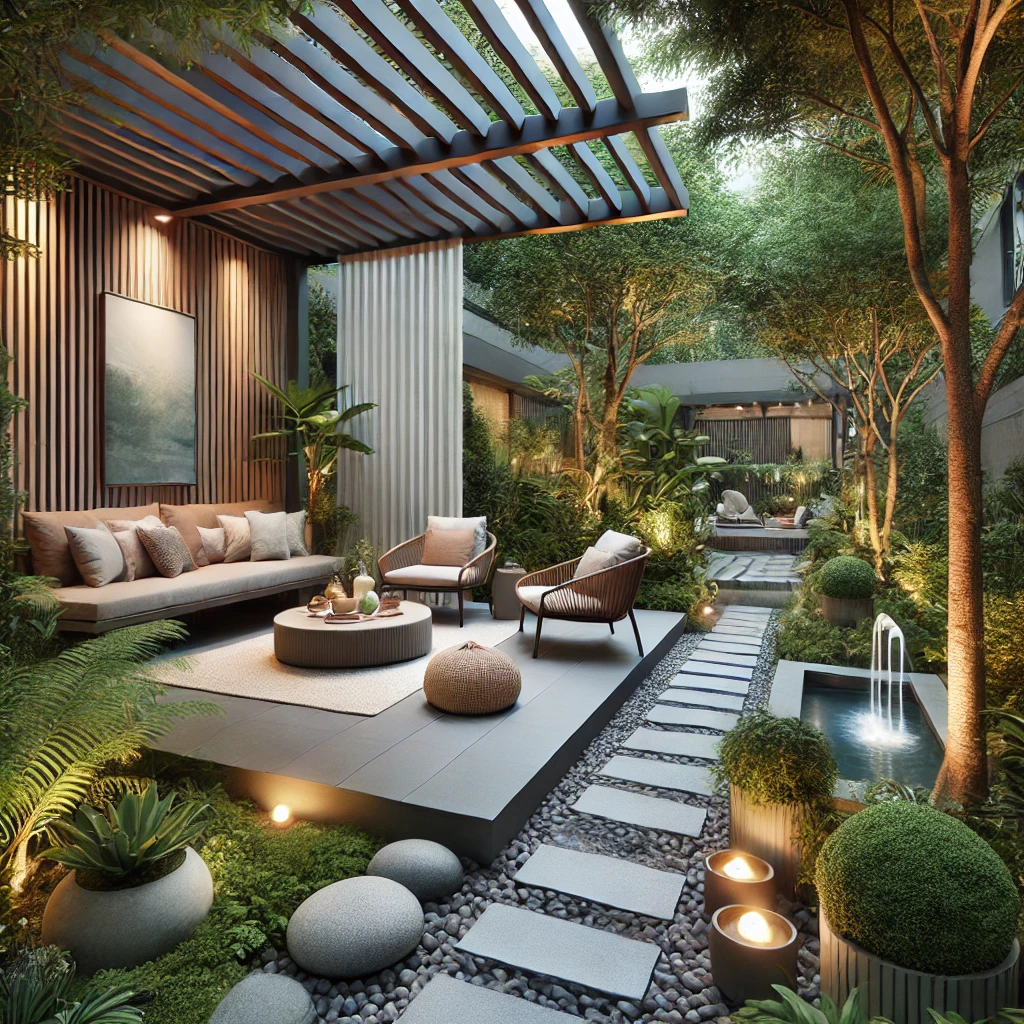 DALL·E 2024 07 13 11.12.49 A cozy backyard space featuring a modern pergola with adjustable louvers designed as a relaxation area. The pergola is surrounded by lush greenery s Bahçenizde bioklimatik pergola kullanarak zen alanları oluşturmak, sadece estetik bir görünüm sağlamakla kalmaz, aynı zamanda size ve sevdiklerinize huzur dolu bir yaşam alanı sunar. Modern tasarımı ve fonksiyonelliği ile bioklimatik pergolalar, bahçenizde dört mevsim keyif alabileceğiniz alanlar yaratmanıza yardımcı olur. Bu zen alanları, hem fiziksel hem de zihinsel sağlığınıza olumlu katkılarda bulunur.