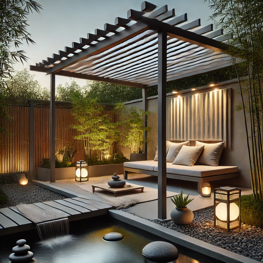 DALL·E 2024 07 13 11.12.51 A peaceful backyard scene with a bioclimatic pergola set up as a meditation area. The pergola is sleek and modern with adjustable louvers. It is surr Bahçenizde bioklimatik pergola kullanarak zen alanları oluşturmak, sadece estetik bir görünüm sağlamakla kalmaz, aynı zamanda size ve sevdiklerinize huzur dolu bir yaşam alanı sunar. Modern tasarımı ve fonksiyonelliği ile bioklimatik pergolalar, bahçenizde dört mevsim keyif alabileceğiniz alanlar yaratmanıza yardımcı olur. Bu zen alanları, hem fiziksel hem de zihinsel sağlığınıza olumlu katkılarda bulunur.