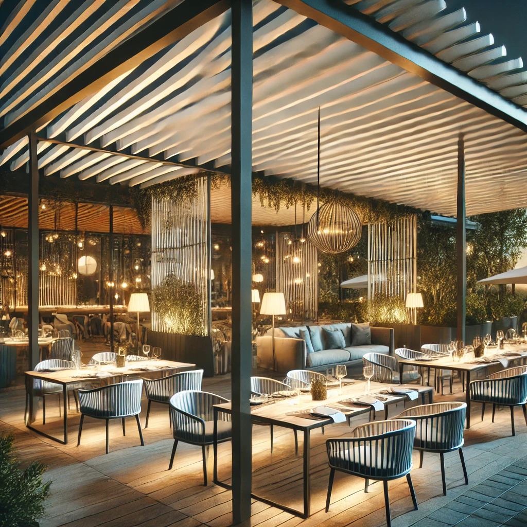 DALL·E 2024 07 13 11.31.04 A modern restaurant with a bioclimatic pergola covering its outdoor dining area. The pergola has adjustable louvers and provides a stylish and comfort Pergola ile restoran ve kafelerde açık alan yaratma, müşteri memnuniyetini artırır ve işletmelerin cazibesini yükseltir. Bioklimatik pergolalar, estetik ve fonksiyonel çözümler sunarak, açık hava alanlarının her mevsim kullanılabilir olmasını sağlar. Ayarlanabilir kanatları sayesinde güneş ışığını ve havalandırmayı kontrol etme imkanı sunan bioklimatik pergolalar, modern ve şık tasarımları ile mekanların estetik değerini artırır.