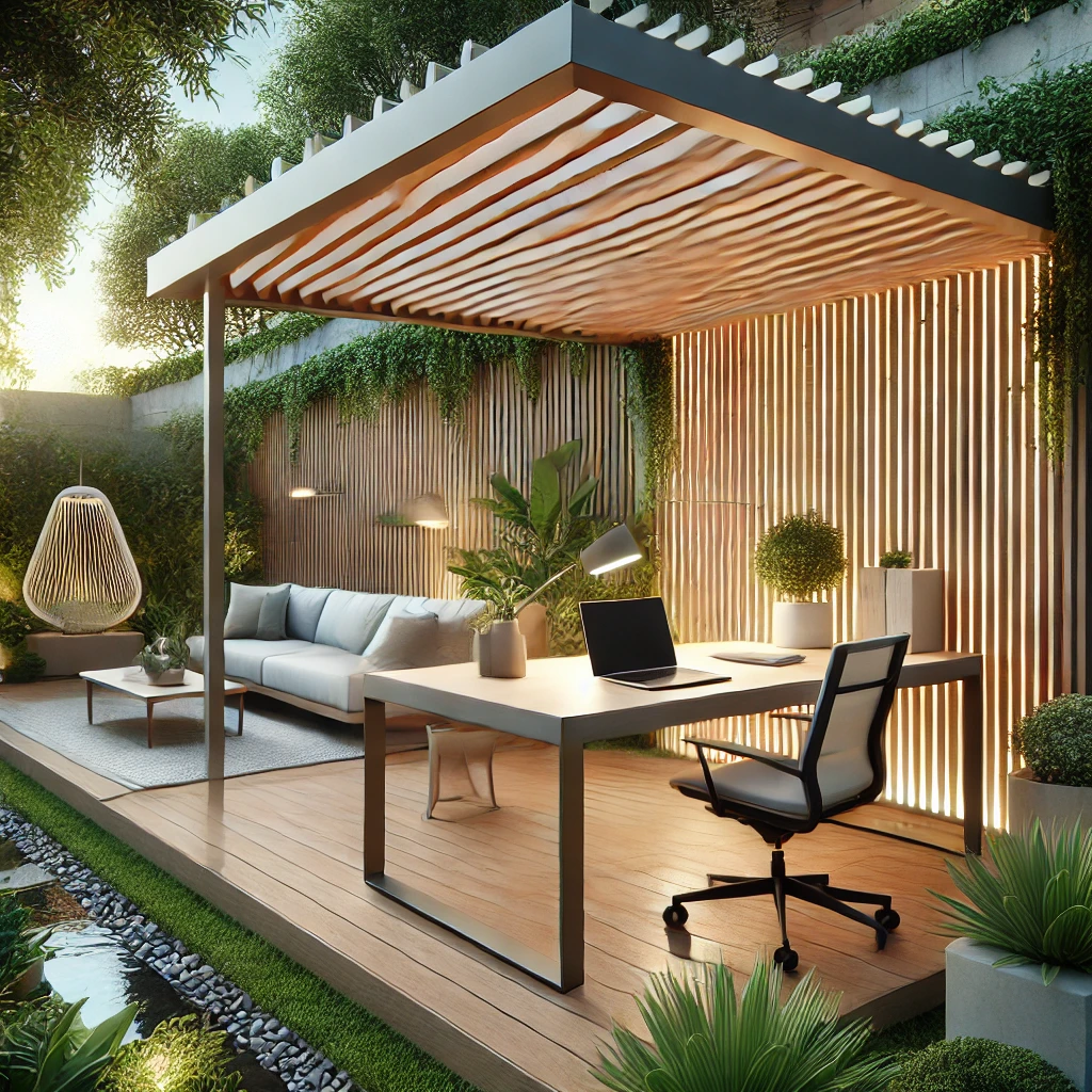 DALL·E 2024 07 13 11.33.05 A modern outdoor office space featuring a bioclimatic pergola. The pergola has adjustable louvers and is surrounded by greenery. There is a sleek desk Bioklimatik pergolalar ile dış mekan ofislerinizde hem işlevselliği hem de şıklığı bir araya getirebilirsiniz. Modern tasarımı ve çok yönlü kullanımı ile bu pergolalar, iş yerinizin konforunu artırırken, doğa ile iç içe olmanızı sağlar. Doğal ışık, havalandırma ve ergonomik çözümler sunarak, verimliliğinizi en üst seviyeye çıkarır.