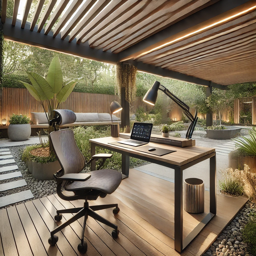 DALL·E 2024 07 13 11.33.08 A functional and stylish outdoor workspace under a bioclimatic pergola. The pergola features adjustable louvers and covers a modern desk setup with a Bioklimatik pergolalar ile dış mekan ofislerinizde hem işlevselliği hem de şıklığı bir araya getirebilirsiniz. Modern tasarımı ve çok yönlü kullanımı ile bu pergolalar, iş yerinizin konforunu artırırken, doğa ile iç içe olmanızı sağlar. Doğal ışık, havalandırma ve ergonomik çözümler sunarak, verimliliğinizi en üst seviyeye çıkarır.