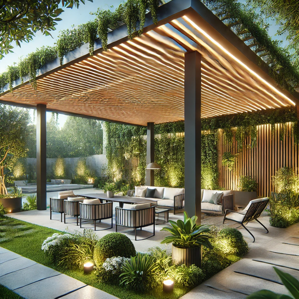 DALL·E 2024 07 13 11.37.15 A modern garden with a bioclimatic pergola featuring smart technology. The pergola has adjustable slats and integrated lighting surrounded by lush gr 1 Kış bahçesi bakım ve temizlik ipuçları, doğanın tadını yıl boyunca çıkarmak isteyenler için mükemmel bir çözüm sunar. Bioklimatik pergolalar ile donatılmış kış bahçeleri, her mevsim konforlu ve kullanışlı yaşam alanları yaratır. Bu alanlarda kullanacağınız bakım ve temizlik çözümleri ile dış mekanlarınızı kişiselleştirerek, konforlu ve şık bir ortam yaratabilirsiniz. İstanbul'da kış bahçesi kullanımı konusunda bu yazıda verilen önerilerle, dış mekanlarınızı daha çekici ve kullanışlı hale getirebilirsiniz. Pergolasia.com üzerinden çeşitli pergola modellerini inceleyebilir, en uygun çözümleri bulabilirsiniz.