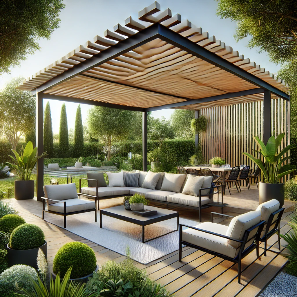 DALL·E 2024 07 13 11.39.33 A stylish bioclimatic pergola in a modern garden setting featuring comfortable outdoor furniture including sofas chairs and a coffee table. The per 1